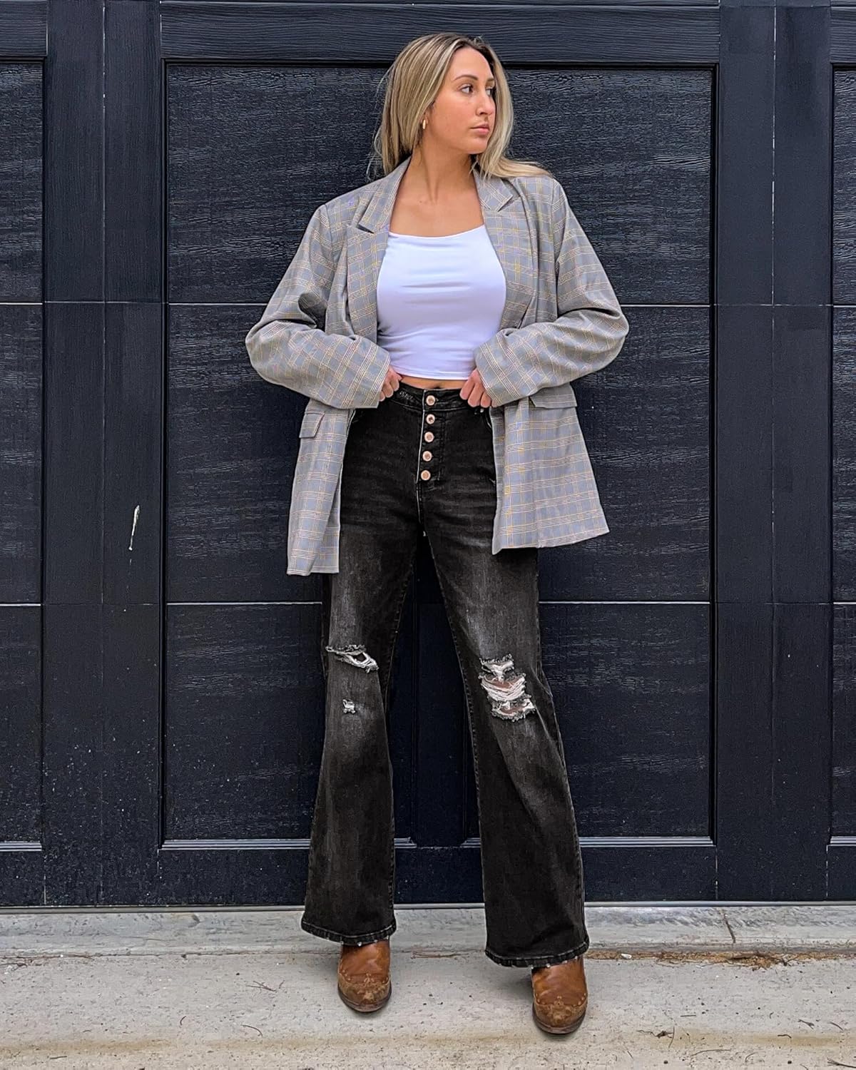 GRAPENT Ripped Jeans for Women High Waist Stretchy Button Fly Denim Flare Wide Leg Distressed Jean Pants Baggy JeansSoft Black