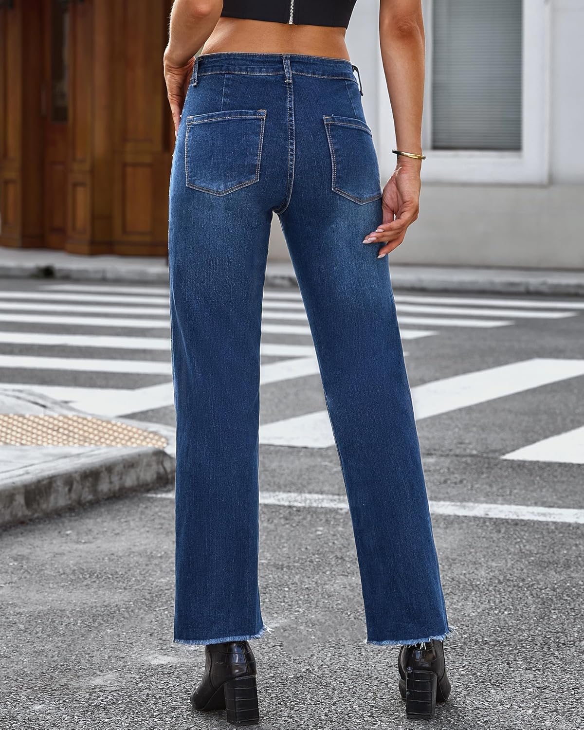 GRAPENT Straight Leg Jeans for Women High Waisted Stretchy Frayed Raw Hem Loose Denim Pants Casual Baggy Jean TrousersClassic Blue