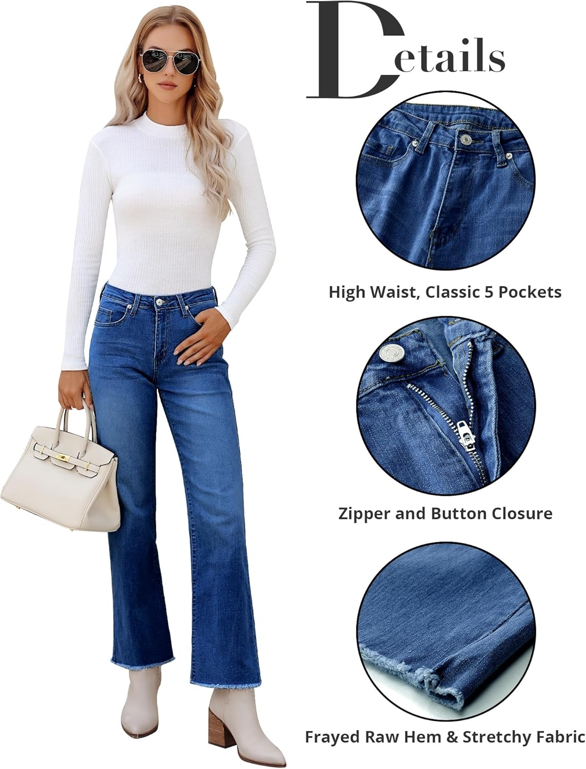 GRAPENT Straight Leg Jeans for Women High Waisted Stretchy Frayed Raw Hem Loose Denim Pants Casual Baggy Jean TrousersClassic Blue