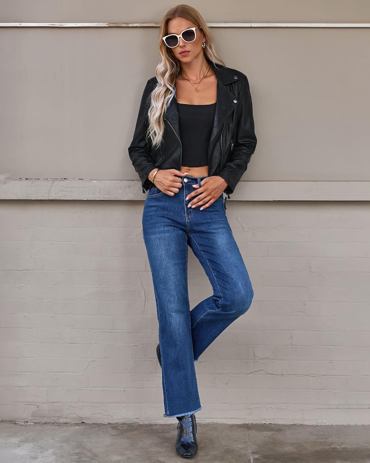 GRAPENT Straight Leg Jeans for Women High Waisted Stretchy Frayed Raw Hem Loose Denim Pants Casual Baggy Jean TrousersClassic Blue
