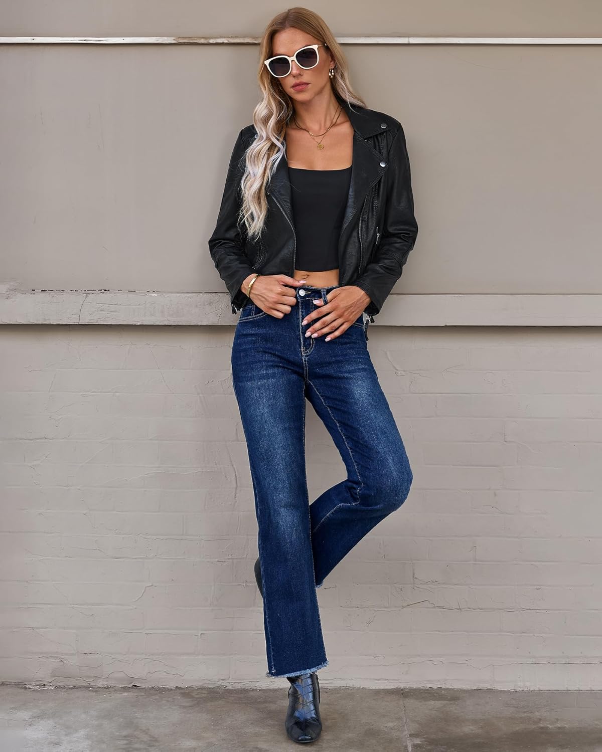 GRAPENT Straight Leg Jeans for Women High Waisted Stretchy Frayed Raw Hem Loose Denim Pants Casual Baggy Jean TrousersDark Blue