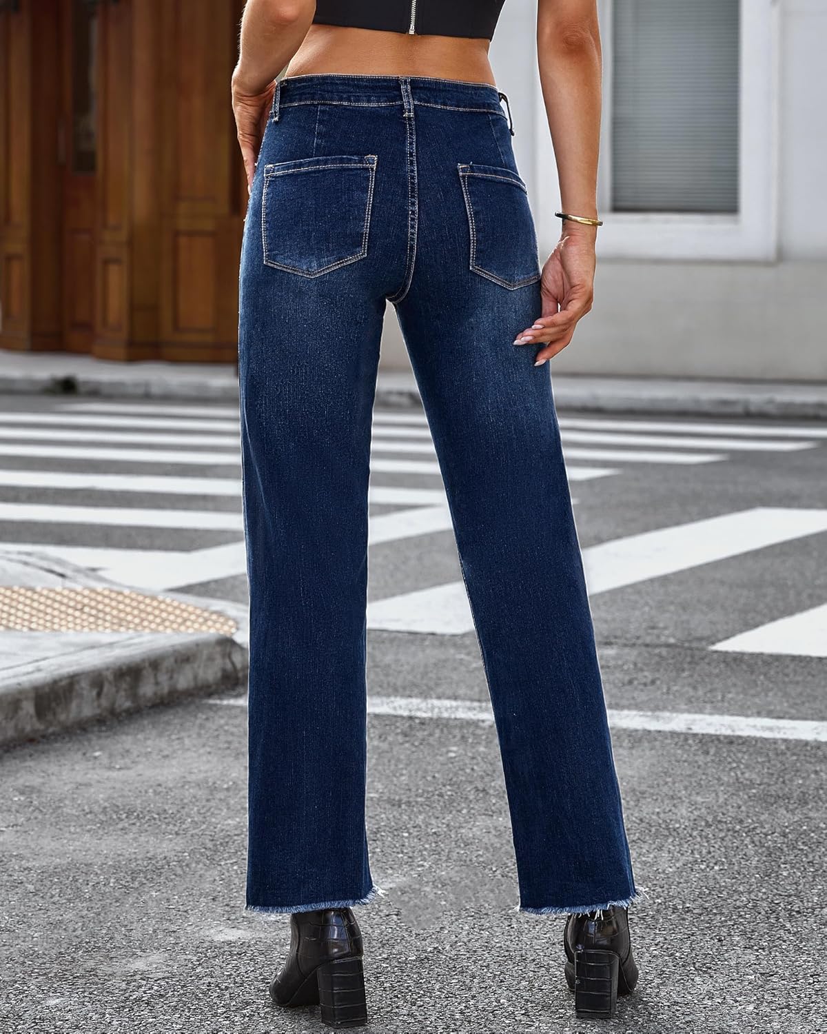 GRAPENT Straight Leg Jeans for Women High Waisted Stretchy Frayed Raw Hem Loose Denim Pants Casual Baggy Jean TrousersDark Blue