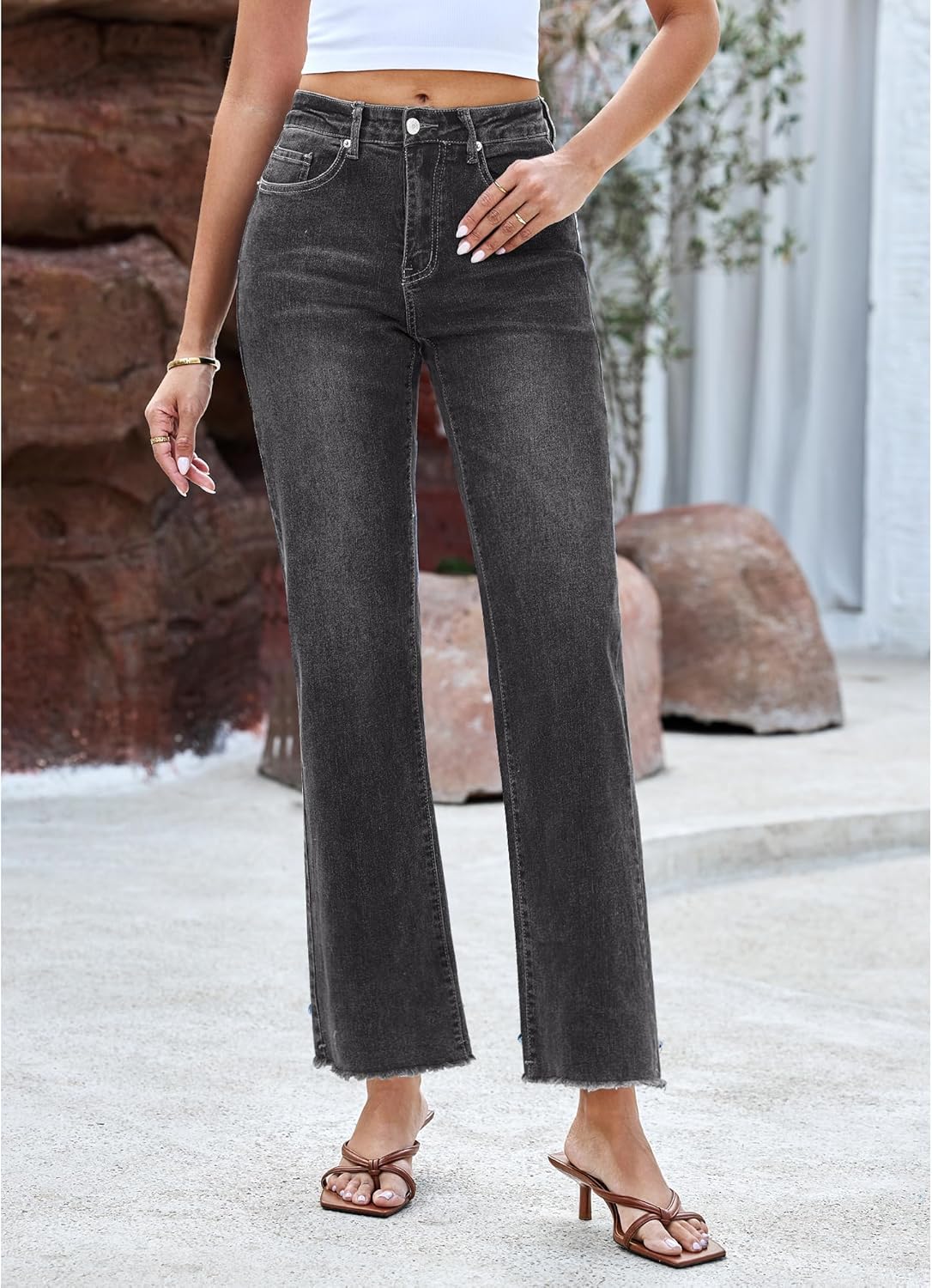 GRAPENT Straight Leg Jeans for Women High Waisted Stretchy Frayed Raw Hem Loose Denim Pants Casual Baggy Jean TrousersDark Gray
