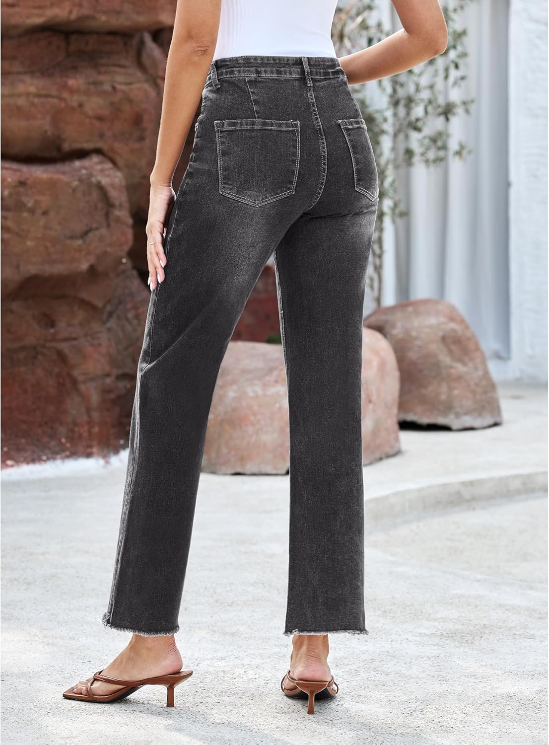 GRAPENT Straight Leg Jeans for Women High Waisted Stretchy Frayed Raw Hem Loose Denim Pants Casual Baggy Jean TrousersDark Gray