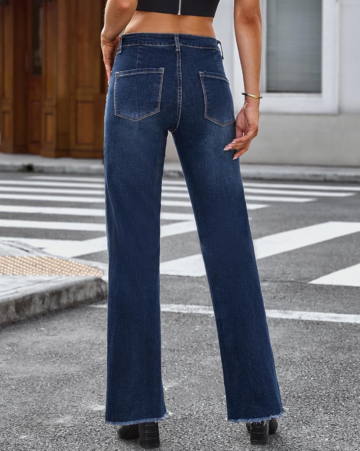 GRAPENT Straight Leg Jeans for Women High Waisted Stretchy Frayed Raw Hem Loose Denim Pants Casual Baggy Jean TrousersDark Vintage