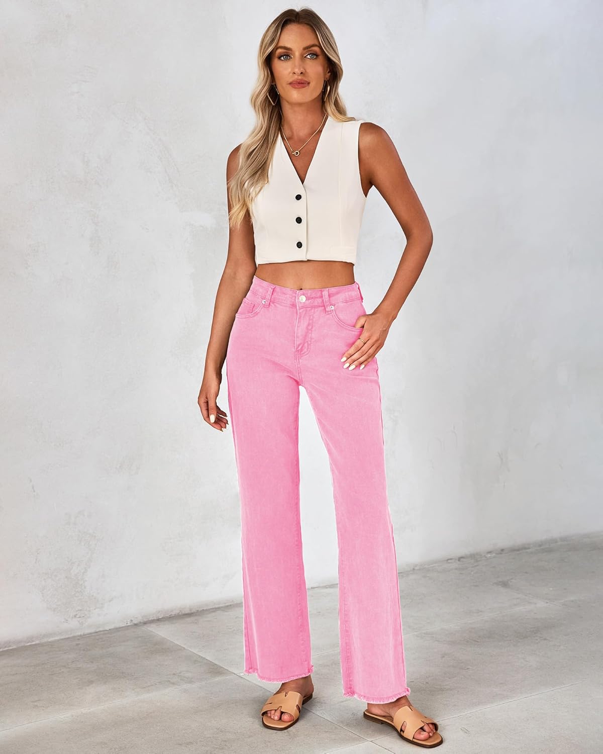 GRAPENT Straight Leg Jeans for Women High Waisted Stretchy Frayed Raw Hem Loose Denim Pants Casual Baggy Jean TrousersGossamer Pink