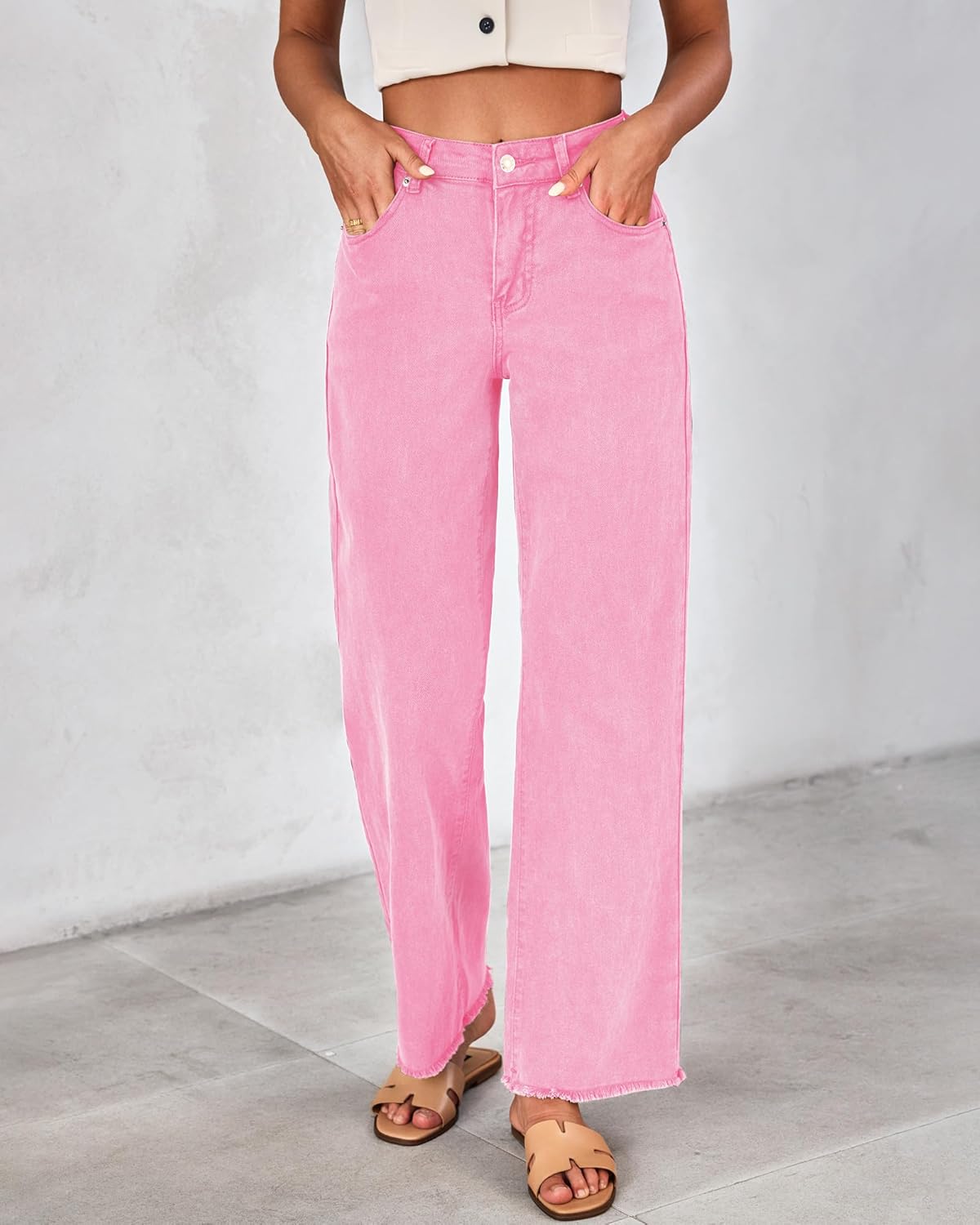 GRAPENT Straight Leg Jeans for Women High Waisted Stretchy Frayed Raw Hem Loose Denim Pants Casual Baggy Jean TrousersGossamer Pink