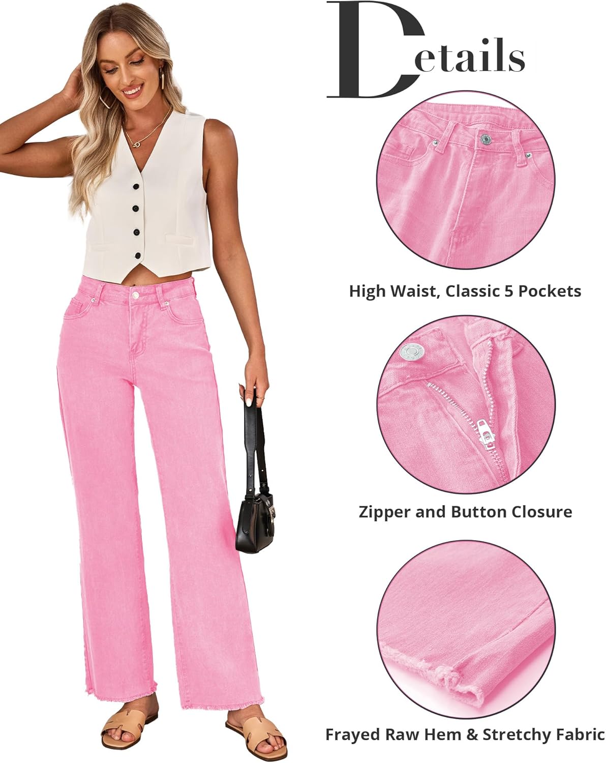 GRAPENT Straight Leg Jeans for Women High Waisted Stretchy Frayed Raw Hem Loose Denim Pants Casual Baggy Jean TrousersGossamer Pink