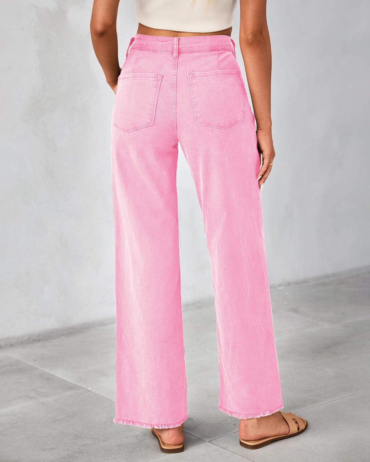 GRAPENT Straight Leg Jeans for Women High Waisted Stretchy Frayed Raw Hem Loose Denim Pants Casual Baggy Jean TrousersGossamer Pink