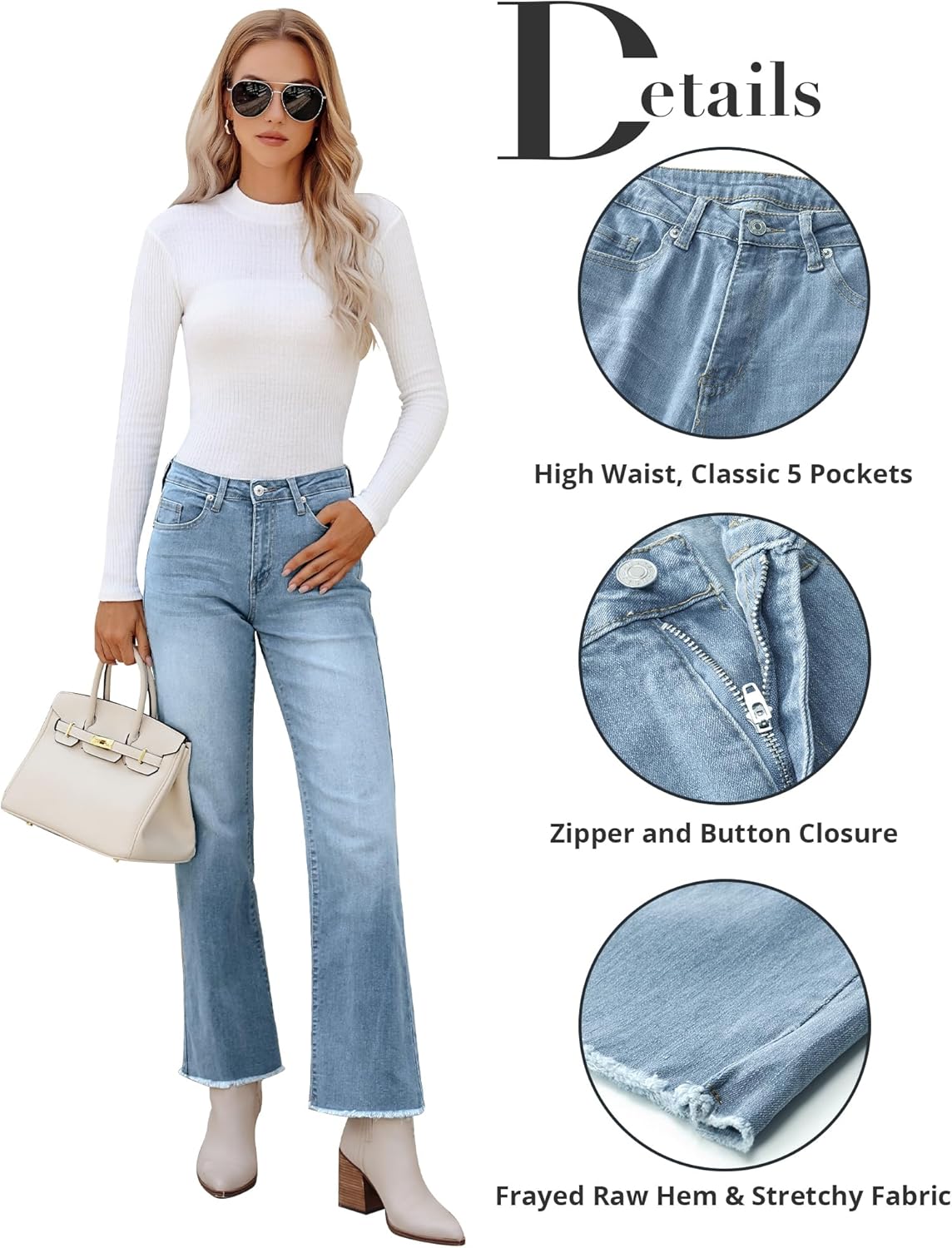 GRAPENT Straight Leg Jeans for Women High Waisted Stretchy Frayed Raw Hem Loose Denim Pants Casual Baggy Jean TrousersIce Blue