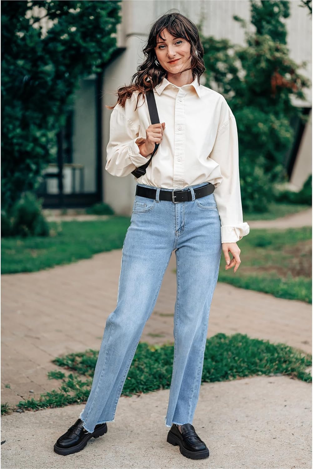 GRAPENT Straight Leg Jeans for Women High Waisted Stretchy Frayed Raw Hem Loose Denim Pants Casual Baggy Jean TrousersIce Blue