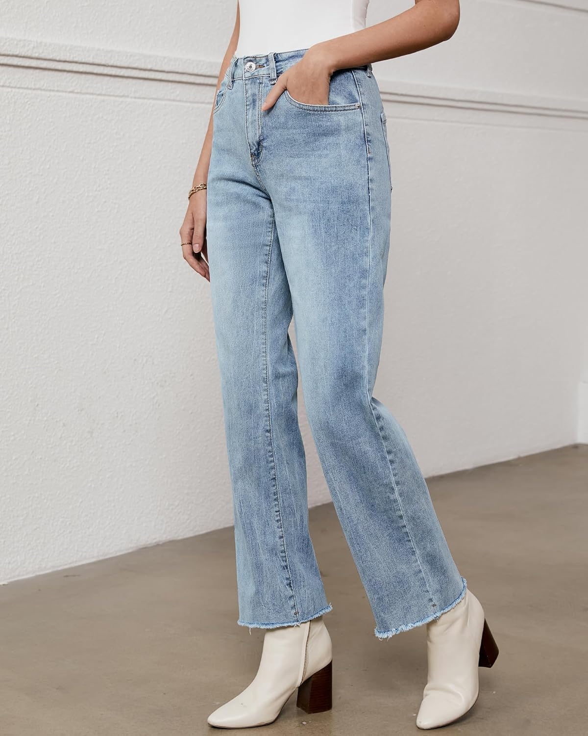 GRAPENT Straight Leg Jeans for Women High Waisted Stretchy Frayed Raw Hem Loose Denim Pants Casual Baggy Jean TrousersIce Blue