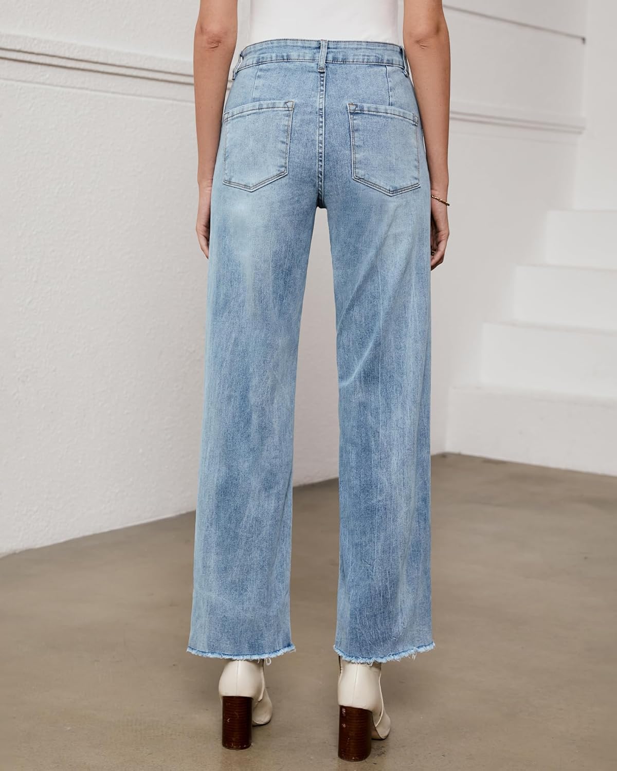 GRAPENT Straight Leg Jeans for Women High Waisted Stretchy Frayed Raw Hem Loose Denim Pants Casual Baggy Jean TrousersIce Blue