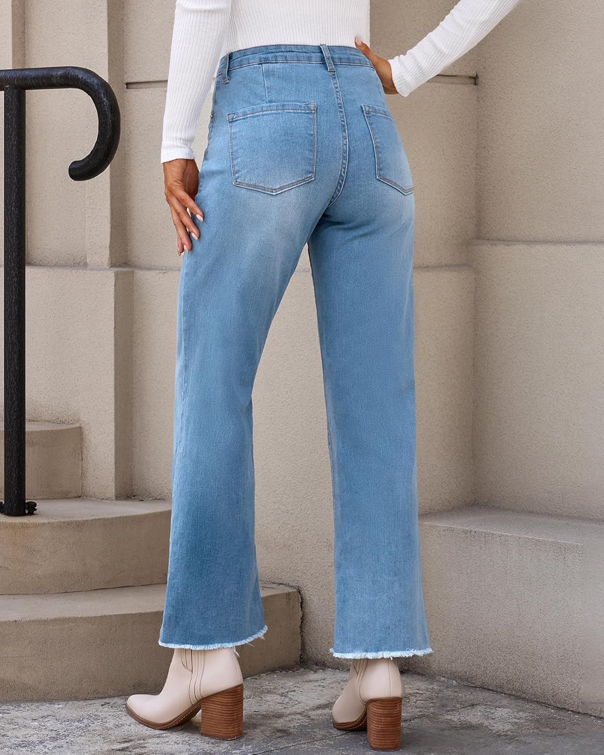GRAPENT Straight Leg Jeans for Women High Waisted Stretchy Frayed Raw Hem Loose Denim Pants Casual Baggy Jean TrousersMedium Blue