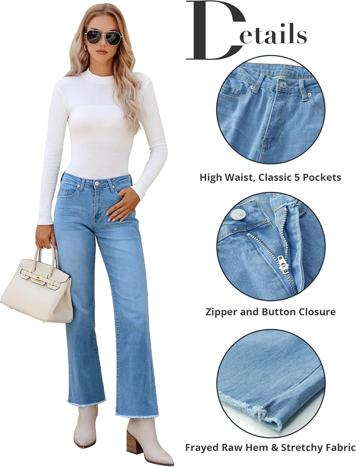 GRAPENT Straight Leg Jeans for Women High Waisted Stretchy Frayed Raw Hem Loose Denim Pants Casual Baggy Jean TrousersMedium Blue