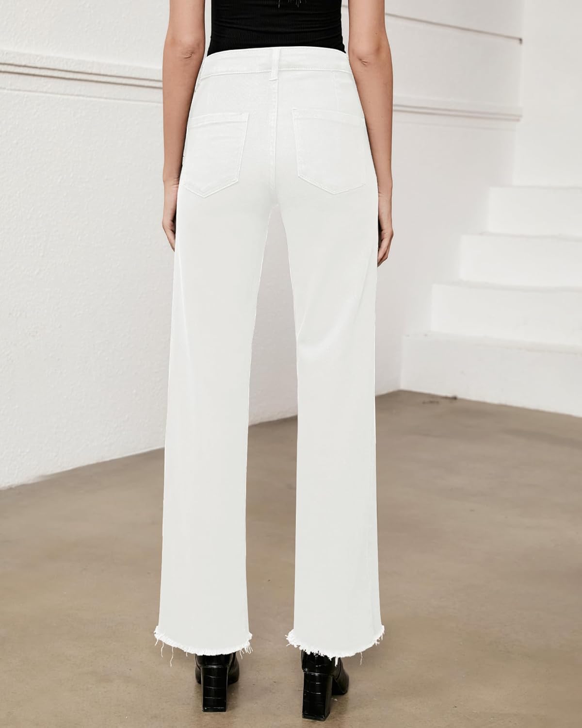 GRAPENT Straight Leg Jeans for Women High Waisted Stretchy Frayed Raw Hem Loose Denim Pants Casual Baggy Jean TrousersOffwhite