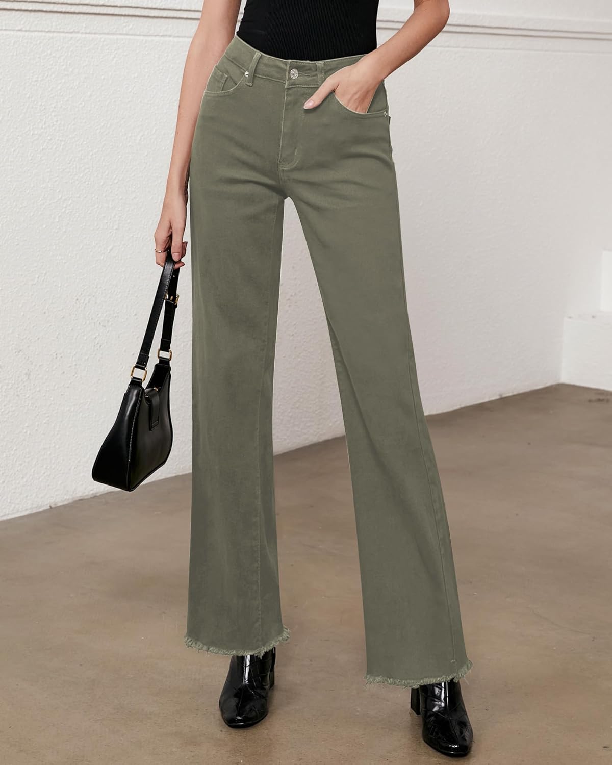 GRAPENT Straight Leg Jeans for Women High Waisted Stretchy Frayed Raw Hem Loose Denim Pants Casual Baggy Jean TrousersOlive Green