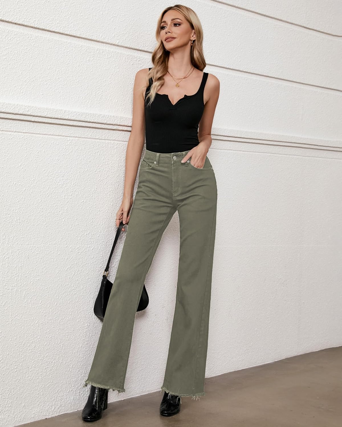 GRAPENT Straight Leg Jeans for Women High Waisted Stretchy Frayed Raw Hem Loose Denim Pants Casual Baggy Jean TrousersOlive Green