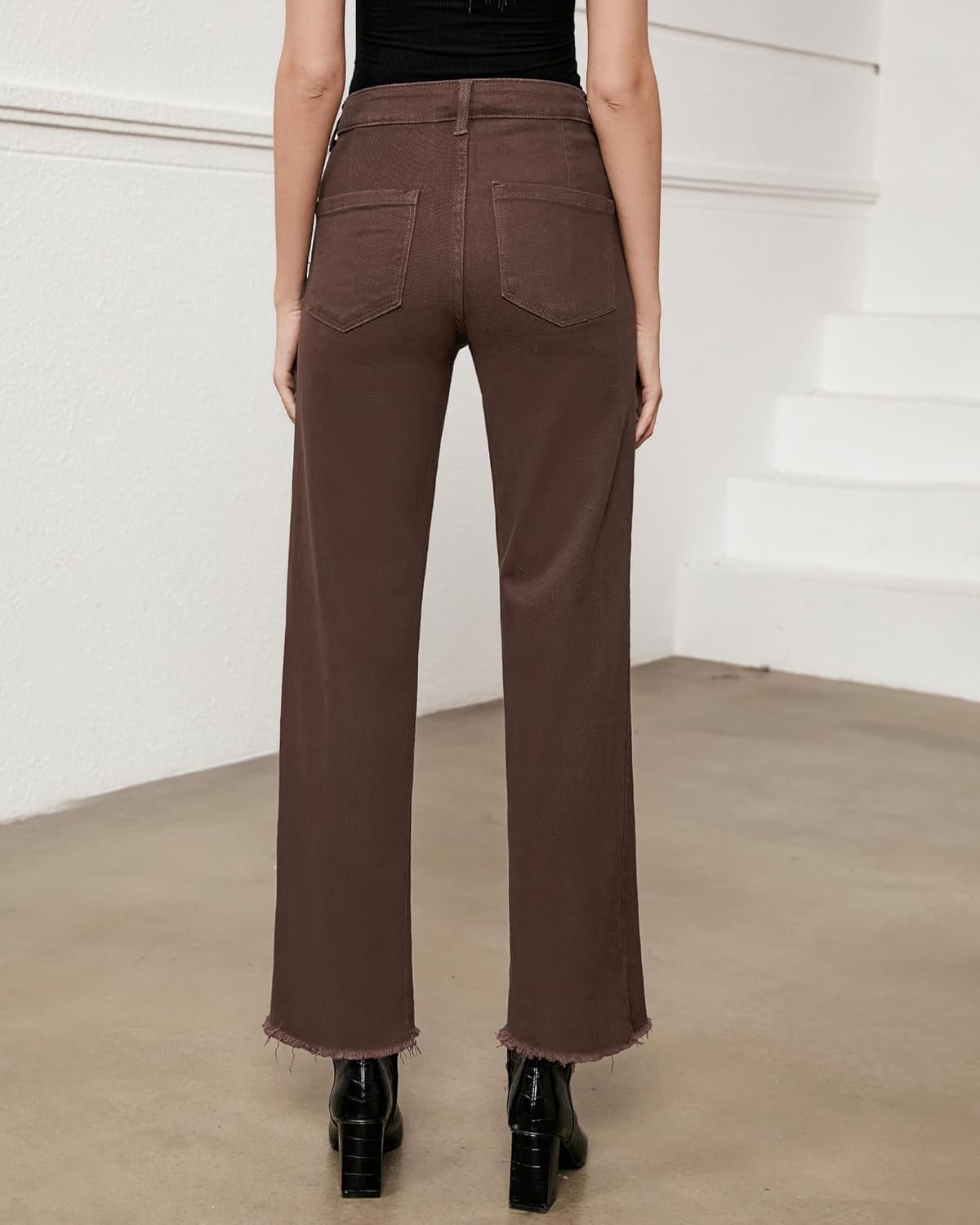 GRAPENT Straight Leg Jeans for Women High Waisted Stretchy Frayed Raw Hem Loose Denim Pants Casual Baggy Jean TrousersPecan Brown