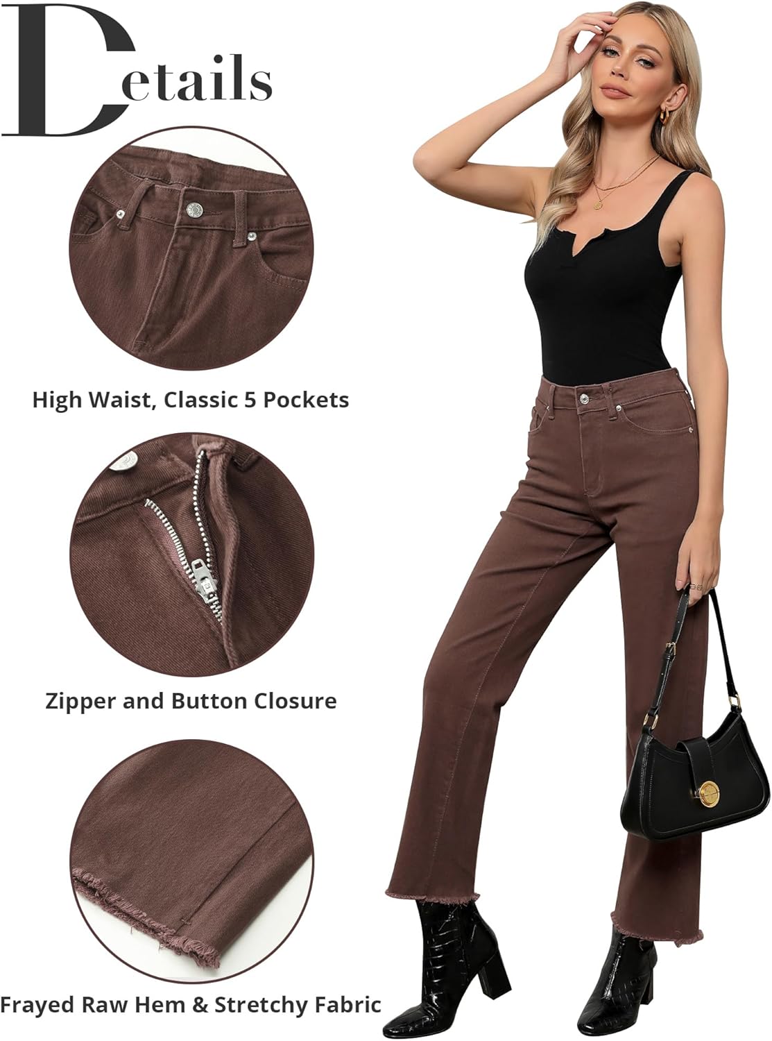 GRAPENT Straight Leg Jeans for Women High Waisted Stretchy Frayed Raw Hem Loose Denim Pants Casual Baggy Jean TrousersPecan Brown
