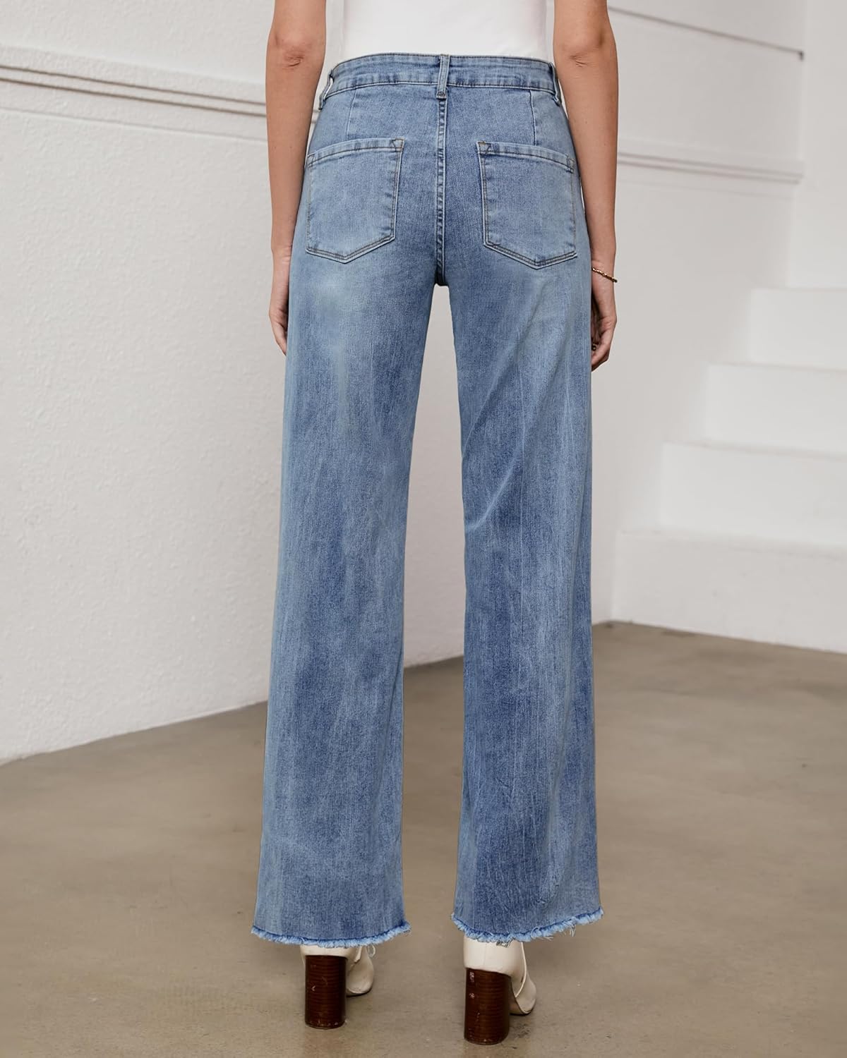 GRAPENT Straight Leg Jeans for Women High Waisted Stretchy Frayed Raw Hem Loose Denim Pants Casual Baggy Jean TrousersVintage Blue  Acid Wash