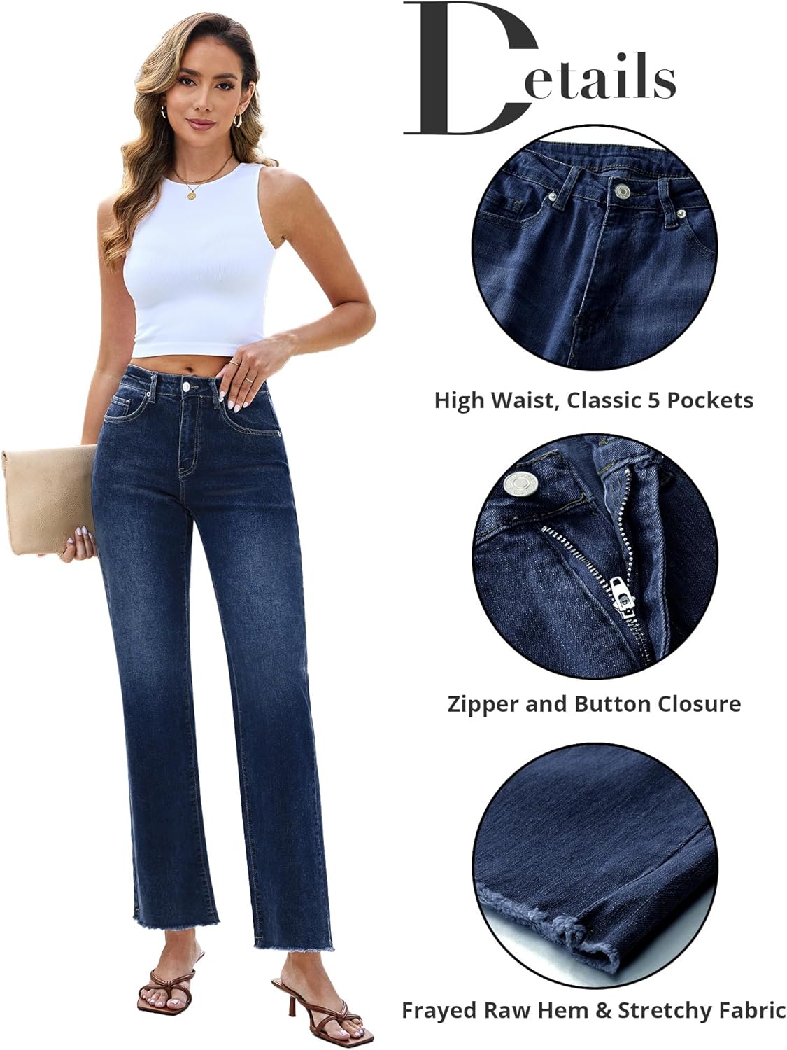 GRAPENT Straight Leg Jeans for Women High Waisted Stretchy Frayed Raw Hem Loose Denim Pants Casual Baggy Jean TrousersVintage Dark Blue