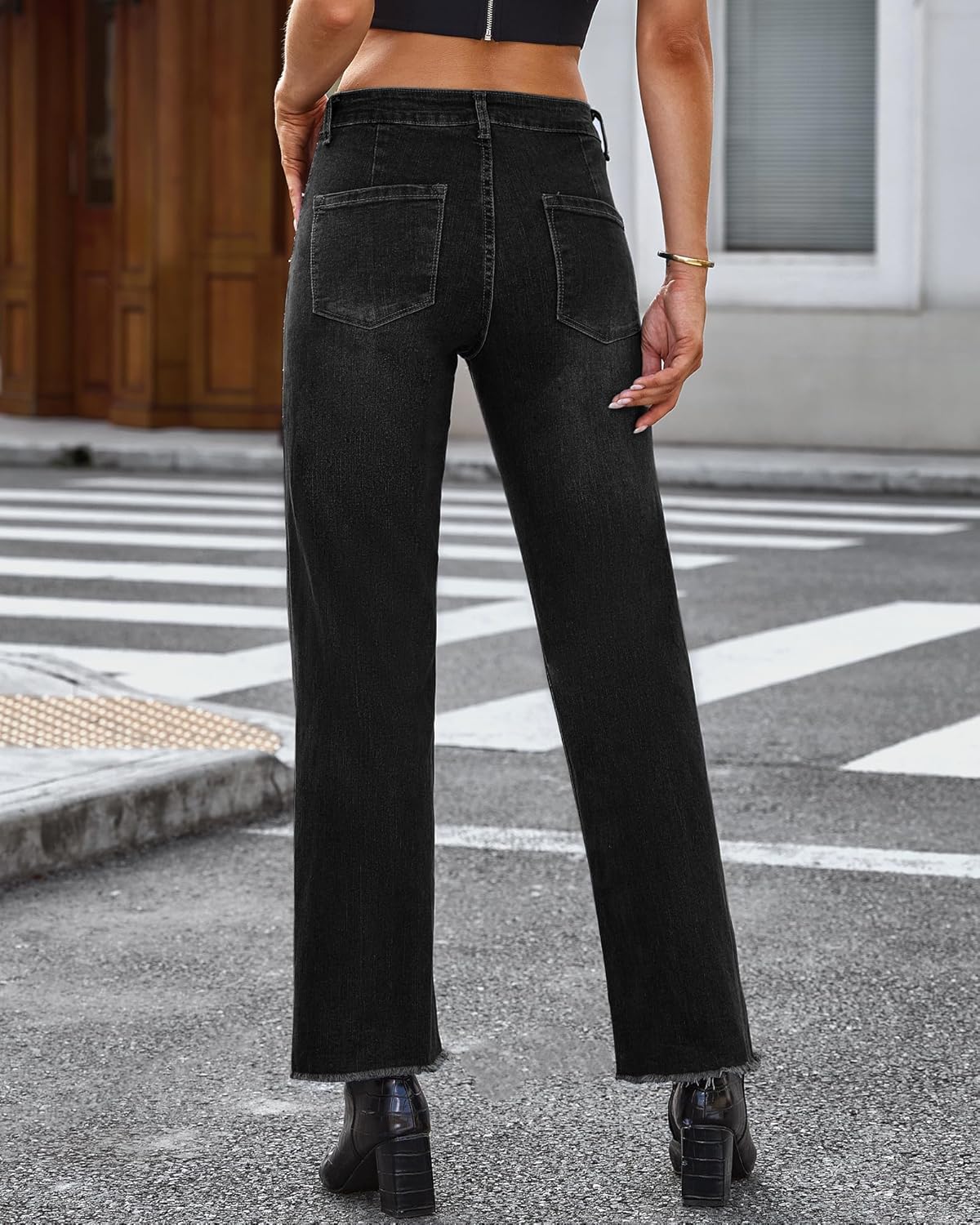 GRAPENT Straight Leg Jeans for Women High Waisted Stretchy Frayed Raw Hem Loose Denim Pants Casual Baggy Jean TrousersWashed Black