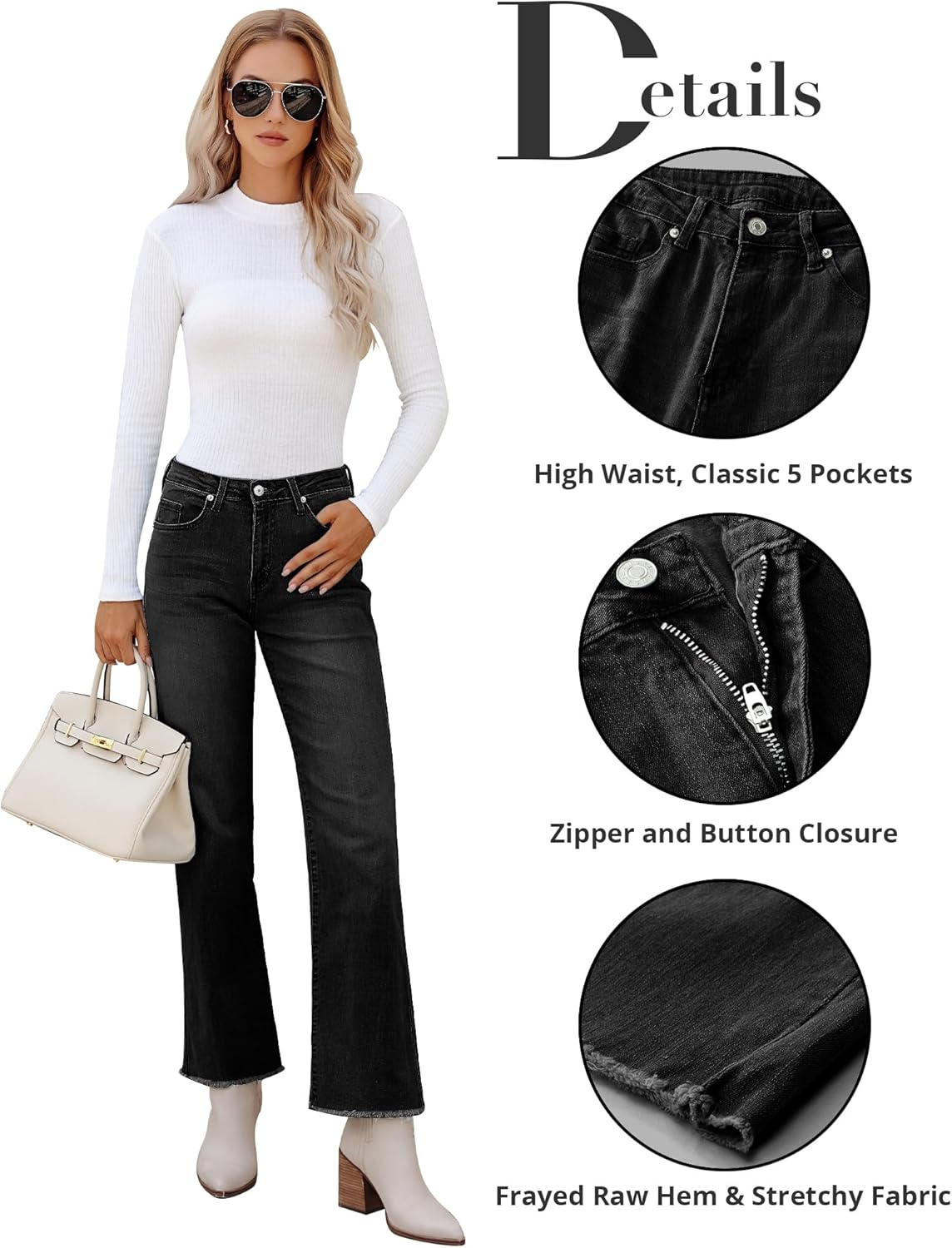 GRAPENT Straight Leg Jeans for Women High Waisted Stretchy Frayed Raw Hem Loose Denim Pants Casual Baggy Jean TrousersWashed Black