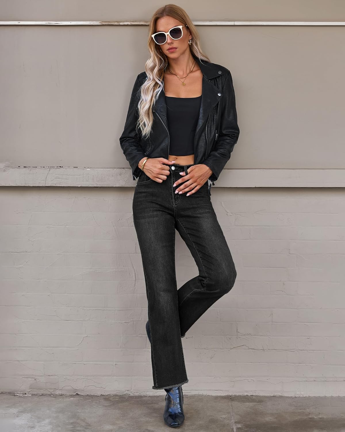 GRAPENT Straight Leg Jeans for Women High Waisted Stretchy Frayed Raw Hem Loose Denim Pants Casual Baggy Jean TrousersWashed Black