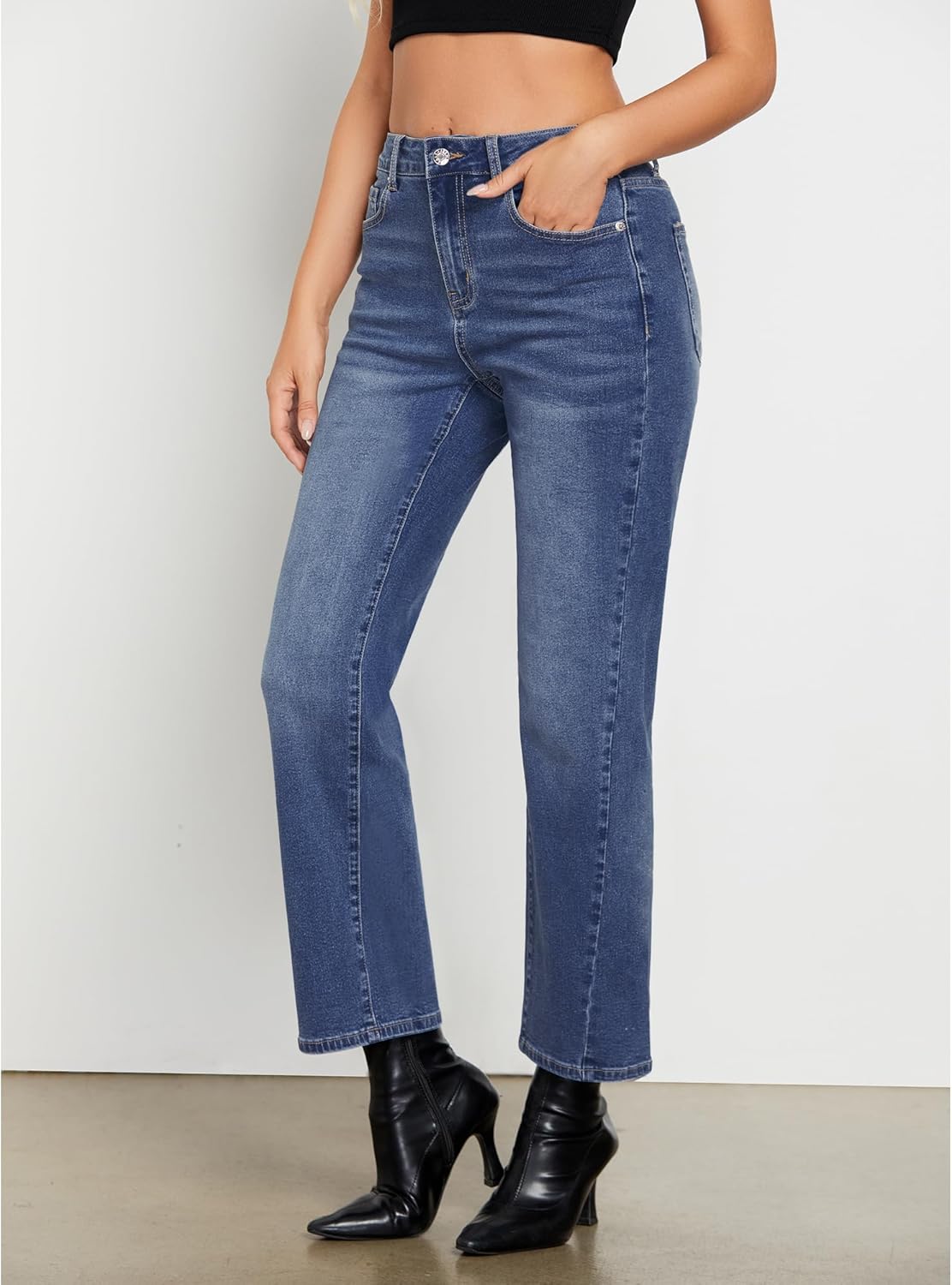 GRAPENT Straight Leg Jeans for Women High Waisted Trendy Ankle Length Forward Seams Stretchy Denim Pants Baggy JeansClassic Blue