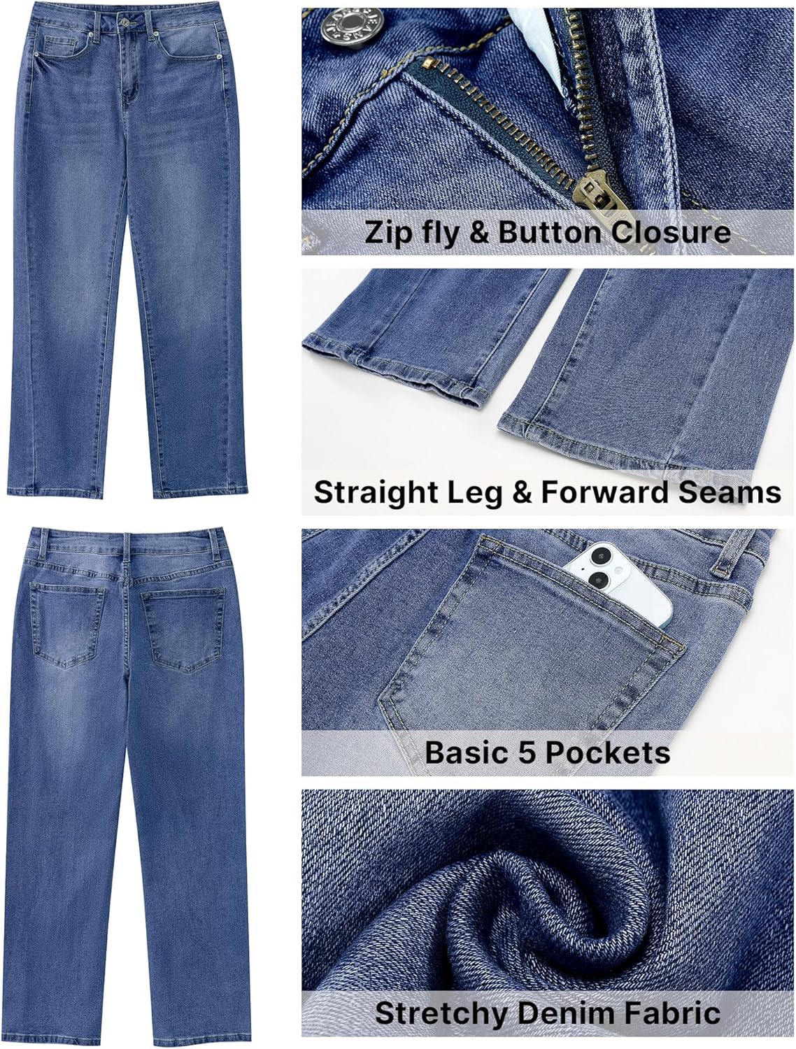 GRAPENT Straight Leg Jeans for Women High Waisted Trendy Ankle Length Forward Seams Stretchy Denim Pants Baggy JeansClassic Blue