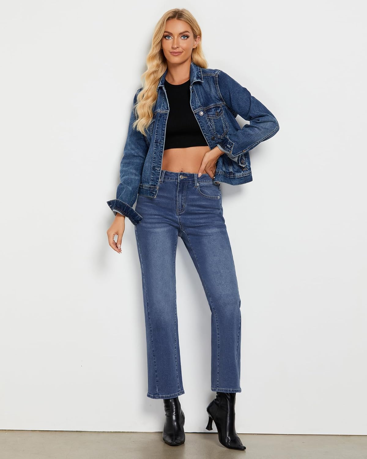 GRAPENT Straight Leg Jeans for Women High Waisted Trendy Ankle Length Forward Seams Stretchy Denim Pants Baggy JeansClassic Blue