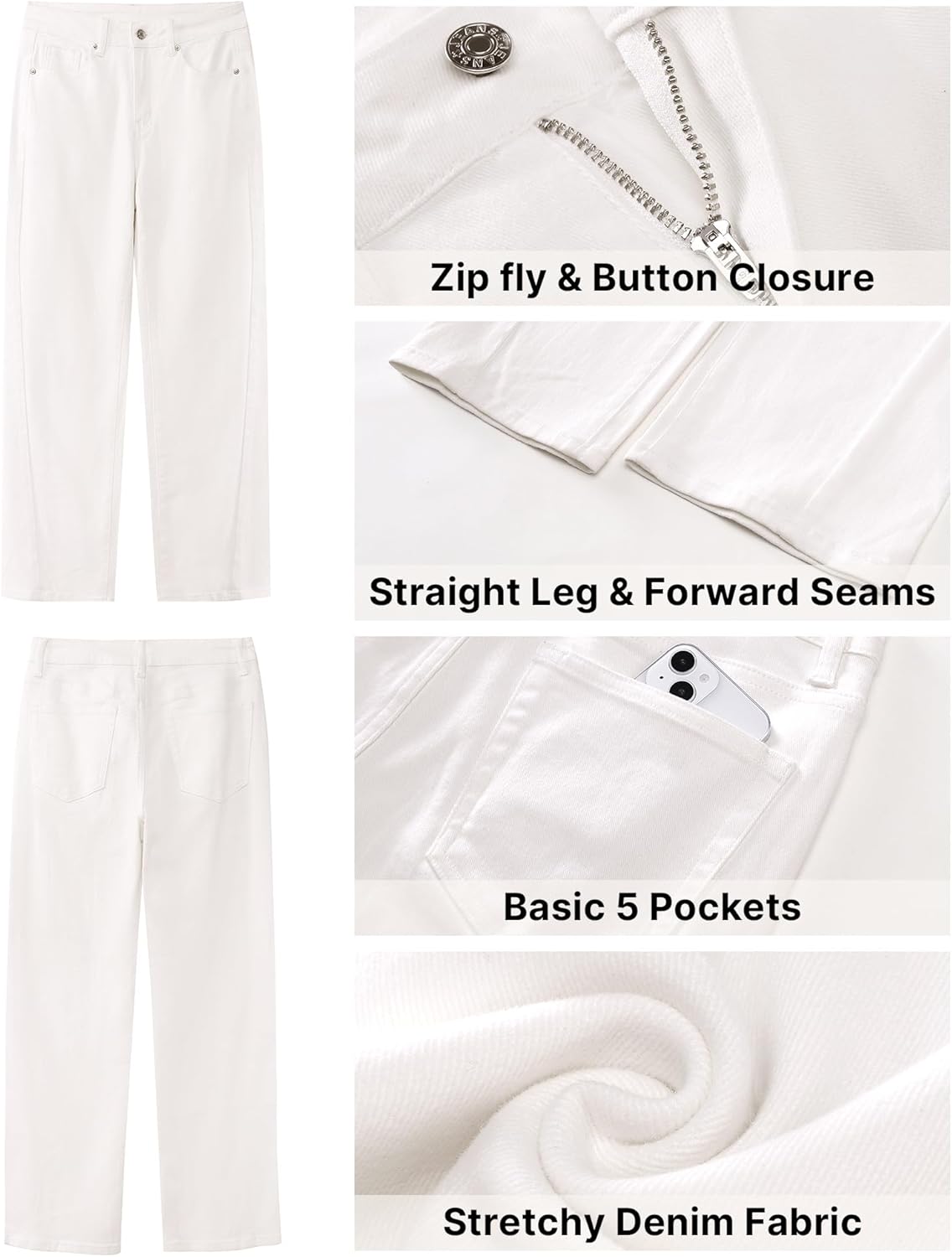 GRAPENT Straight Leg Jeans for Women High Waisted Trendy Ankle Length Forward Seams Stretchy Denim Pants Baggy JeansCream White