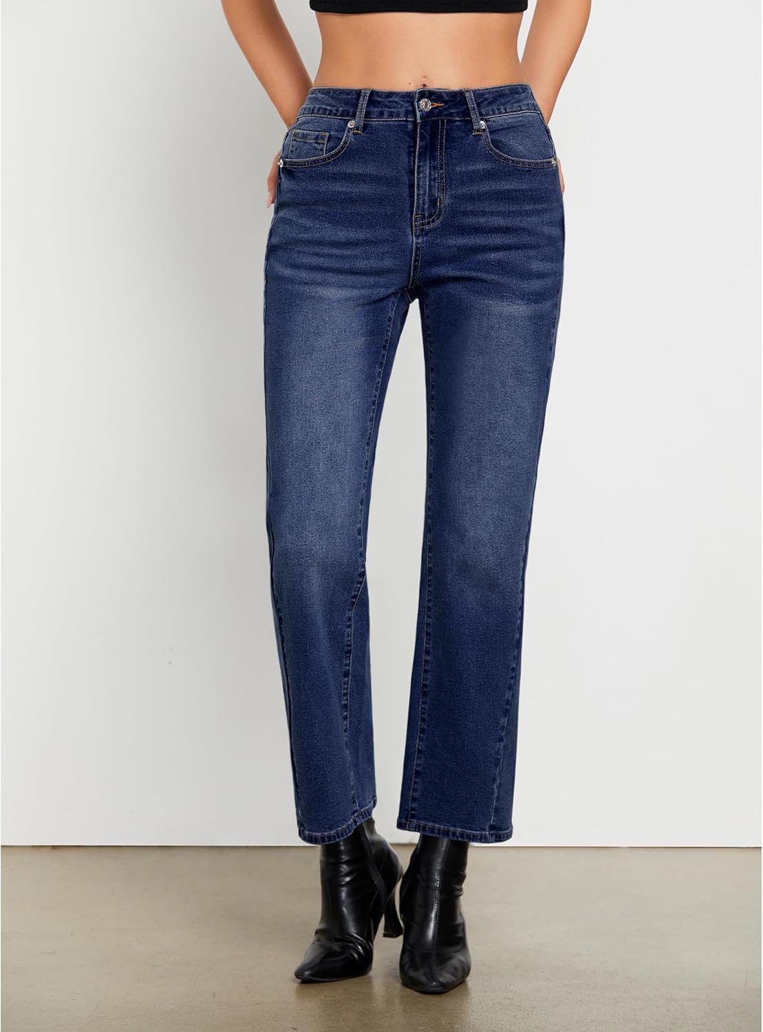 GRAPENT Straight Leg Jeans for Women High Waisted Trendy Ankle Length Forward Seams Stretchy Denim Pants Baggy JeansDark Blue