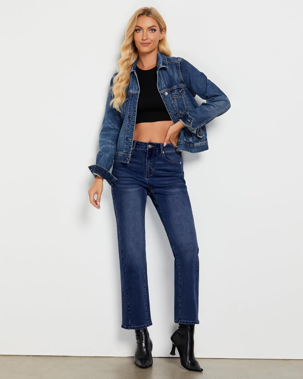 GRAPENT Straight Leg Jeans for Women High Waisted Trendy Ankle Length Forward Seams Stretchy Denim Pants Baggy JeansDark Blue