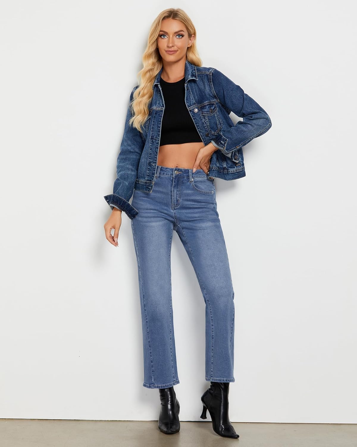 GRAPENT Straight Leg Jeans for Women High Waisted Trendy Ankle Length Forward Seams Stretchy Denim Pants Baggy JeansMedium Blue