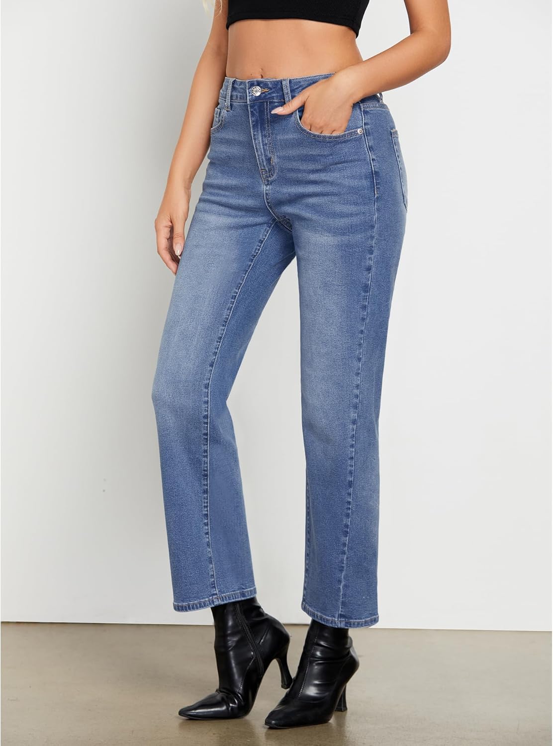 GRAPENT Straight Leg Jeans for Women High Waisted Trendy Ankle Length Forward Seams Stretchy Denim Pants Baggy JeansMedium Blue