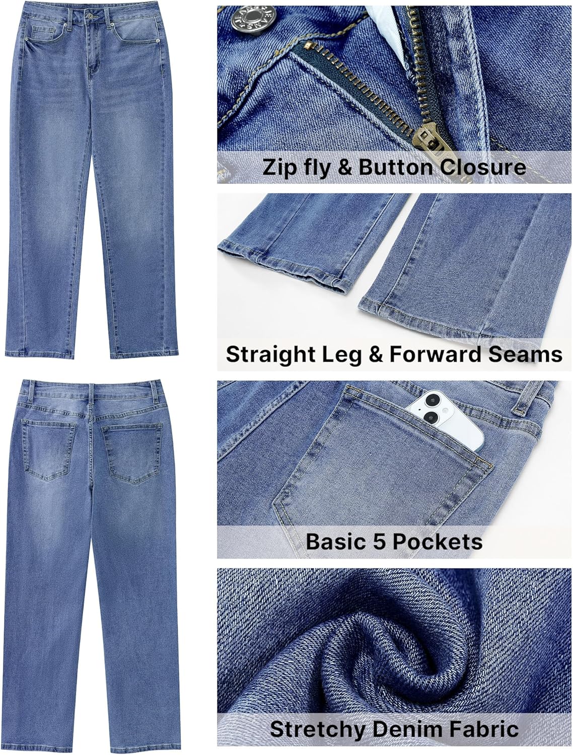 GRAPENT Straight Leg Jeans for Women High Waisted Trendy Ankle Length Forward Seams Stretchy Denim Pants Baggy JeansMedium Blue