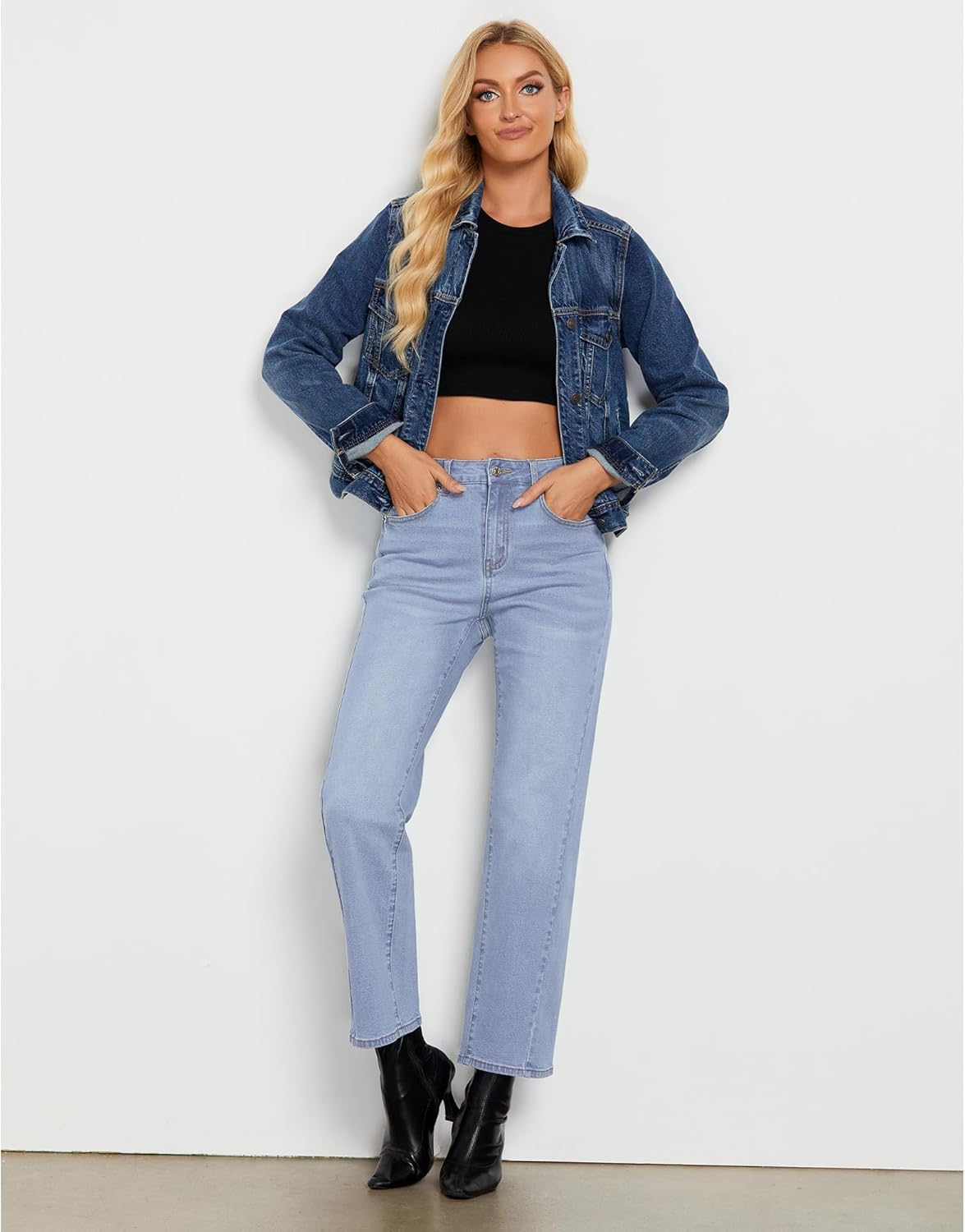 GRAPENT Straight Leg Jeans for Women High Waisted Trendy Ankle Length Forward Seams Stretchy Denim Pants Baggy JeansRoadknight Blue