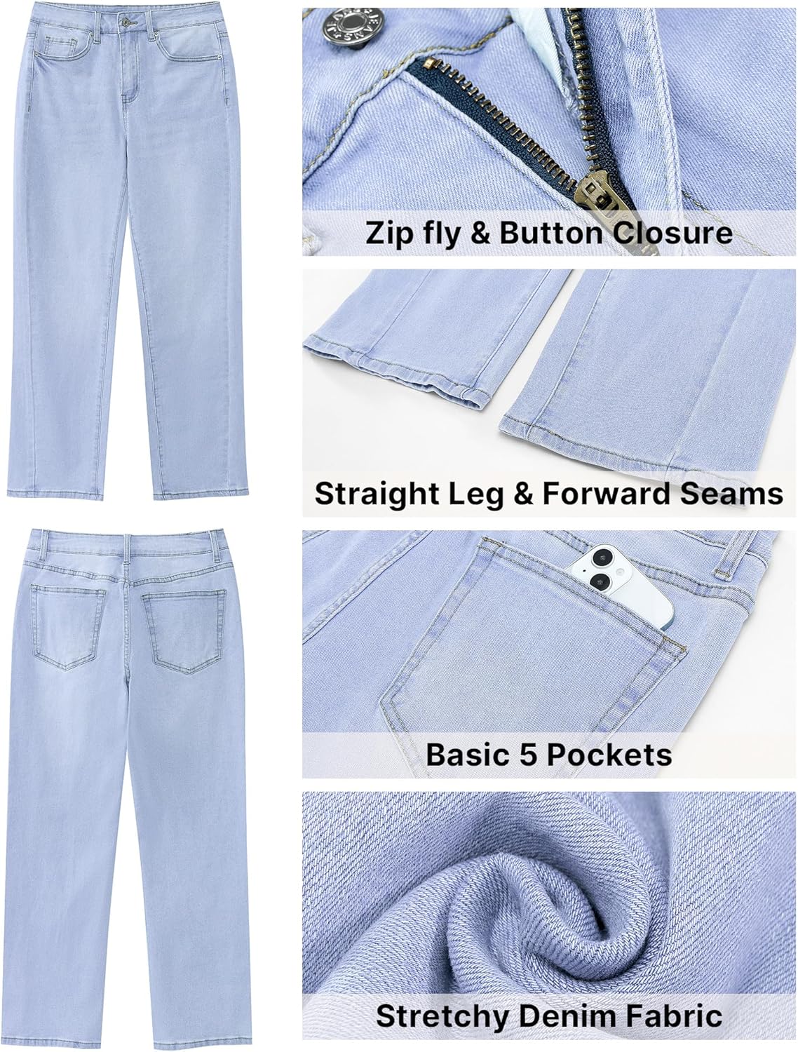GRAPENT Straight Leg Jeans for Women High Waisted Trendy Ankle Length Forward Seams Stretchy Denim Pants Baggy JeansRoadknight Blue
