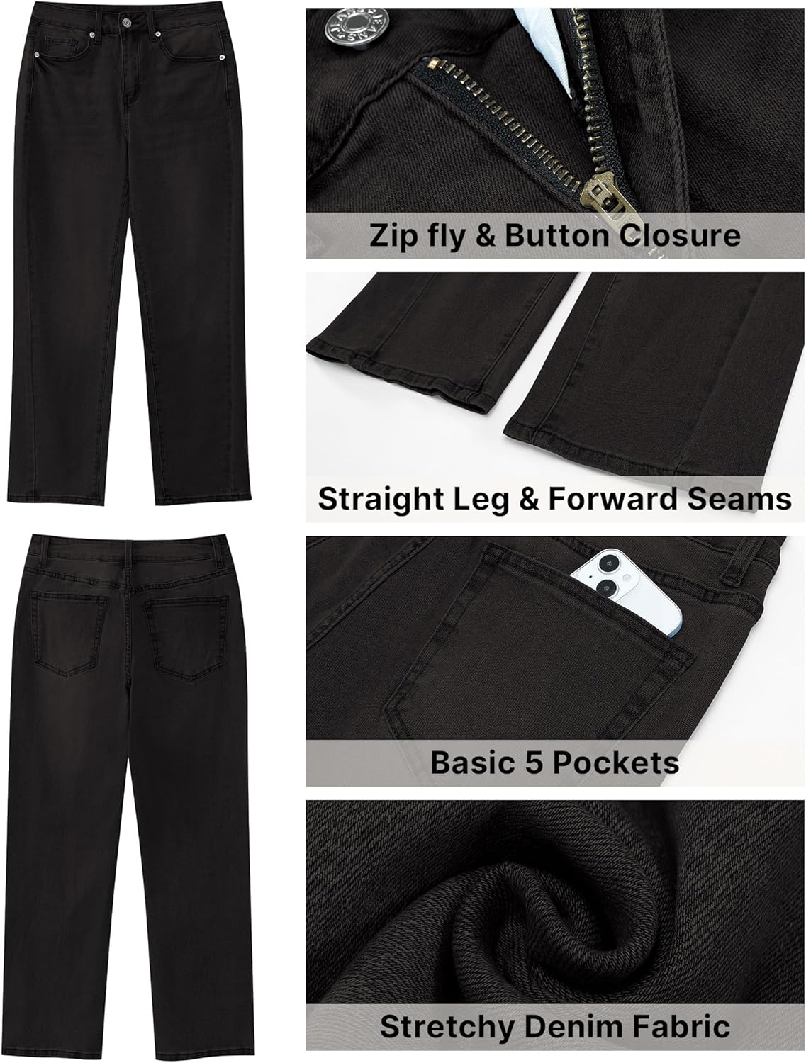 GRAPENT Straight Leg Jeans for Women High Waisted Trendy Ankle Length Forward Seams Stretchy Denim Pants Baggy JeansWashed Black