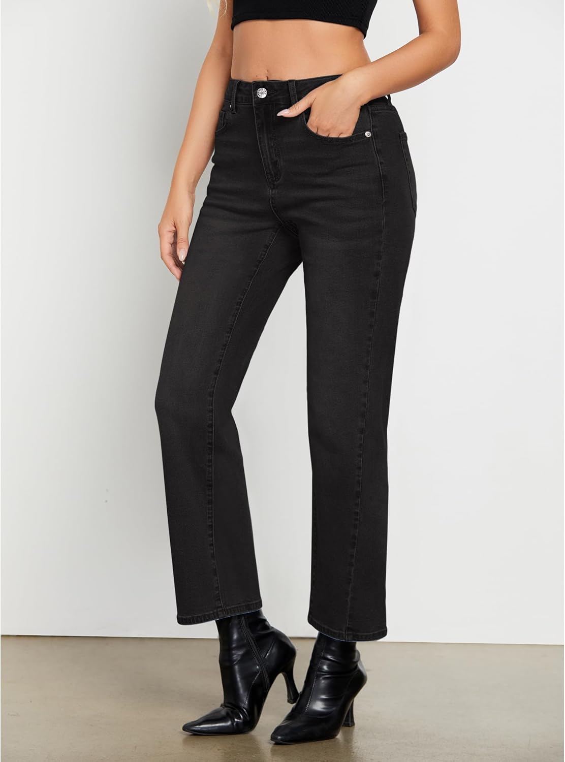 GRAPENT Straight Leg Jeans for Women High Waisted Trendy Ankle Length Forward Seams Stretchy Denim Pants Baggy JeansWashed Black