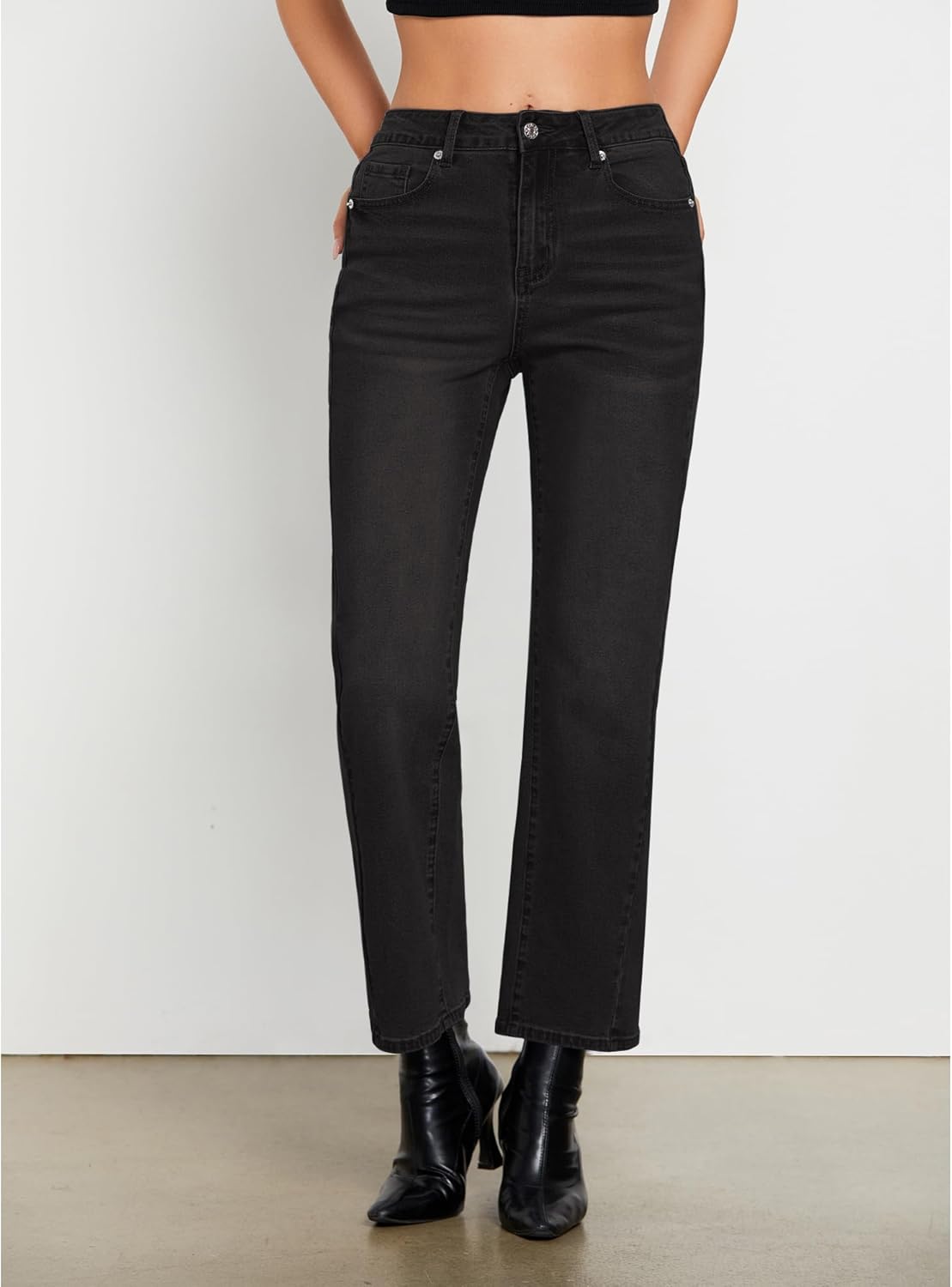 GRAPENT Straight Leg Jeans for Women High Waisted Trendy Ankle Length Forward Seams Stretchy Denim Pants Baggy JeansWashed Black