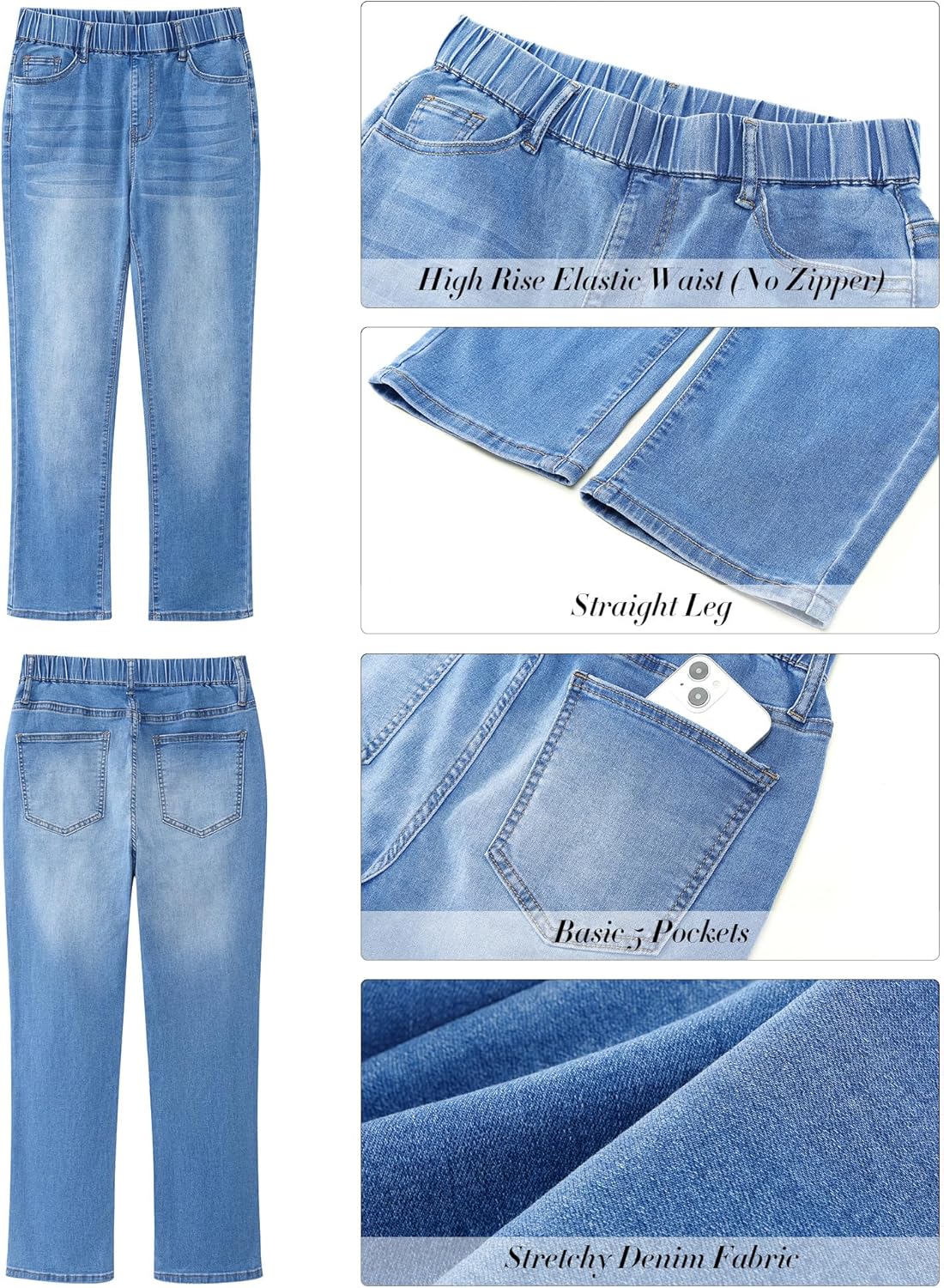 GRAPENT Straight Leg Jeans for Women Trendy Pull On High Waisted Cropped Elastic Waist Stretchy Denim Pants Ankle JeansCody Blue