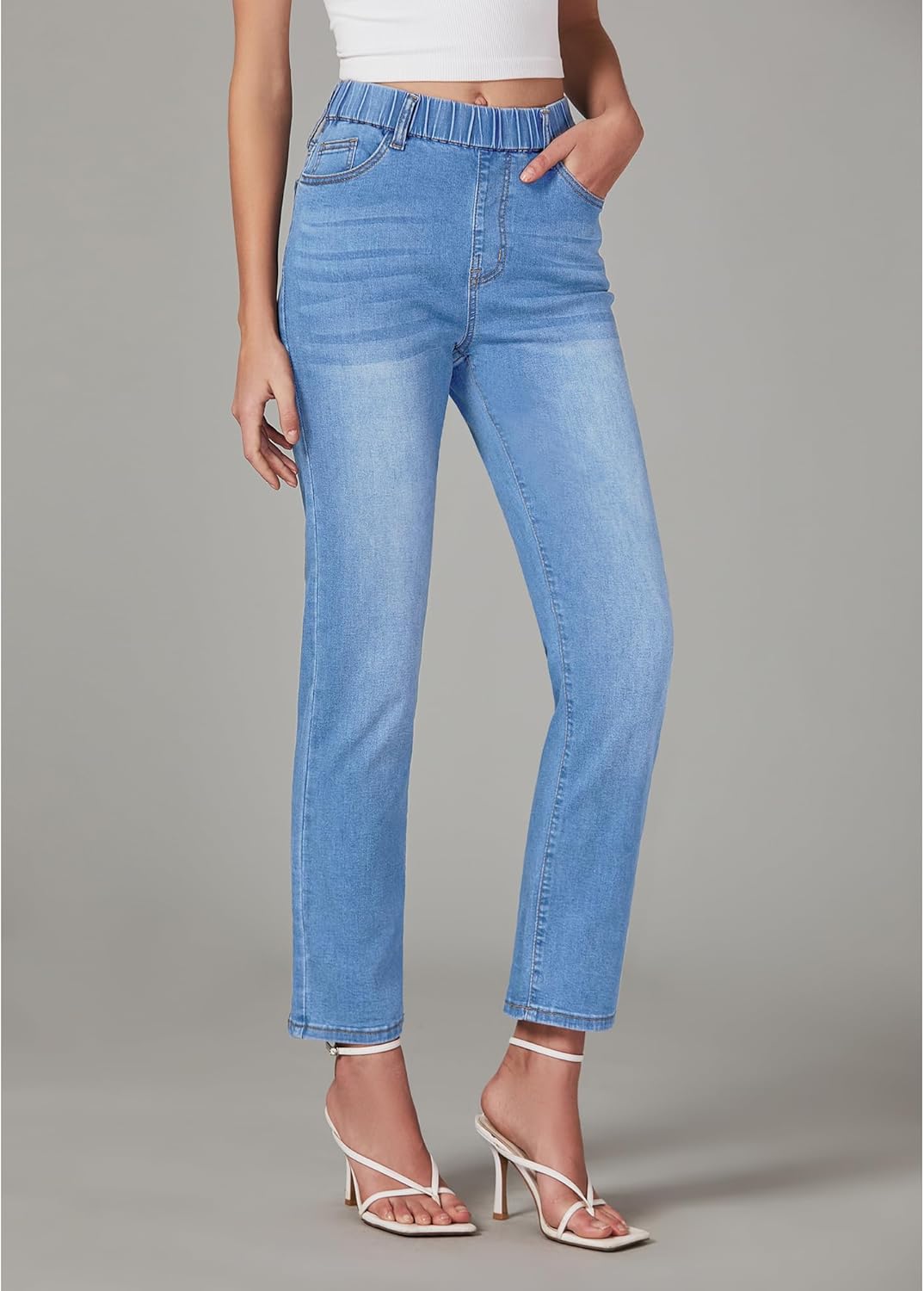 GRAPENT Straight Leg Jeans for Women Trendy Pull On High Waisted Cropped Elastic Waist Stretchy Denim Pants Ankle JeansCody Blue
