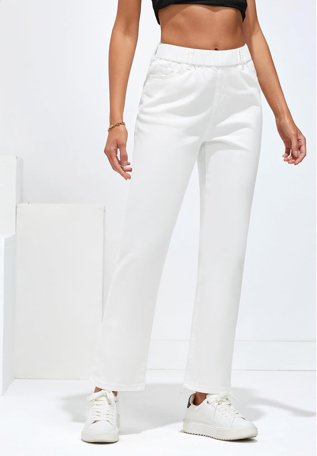 GRAPENT Straight Leg Jeans for Women Trendy Pull On High Waisted Cropped Elastic Waist Stretchy Denim Pants Ankle JeansCream White