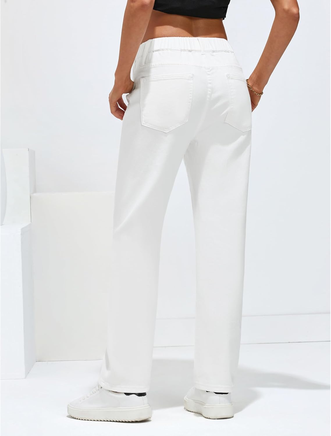 GRAPENT Straight Leg Jeans for Women Trendy Pull On High Waisted Cropped Elastic Waist Stretchy Denim Pants Ankle JeansCream White