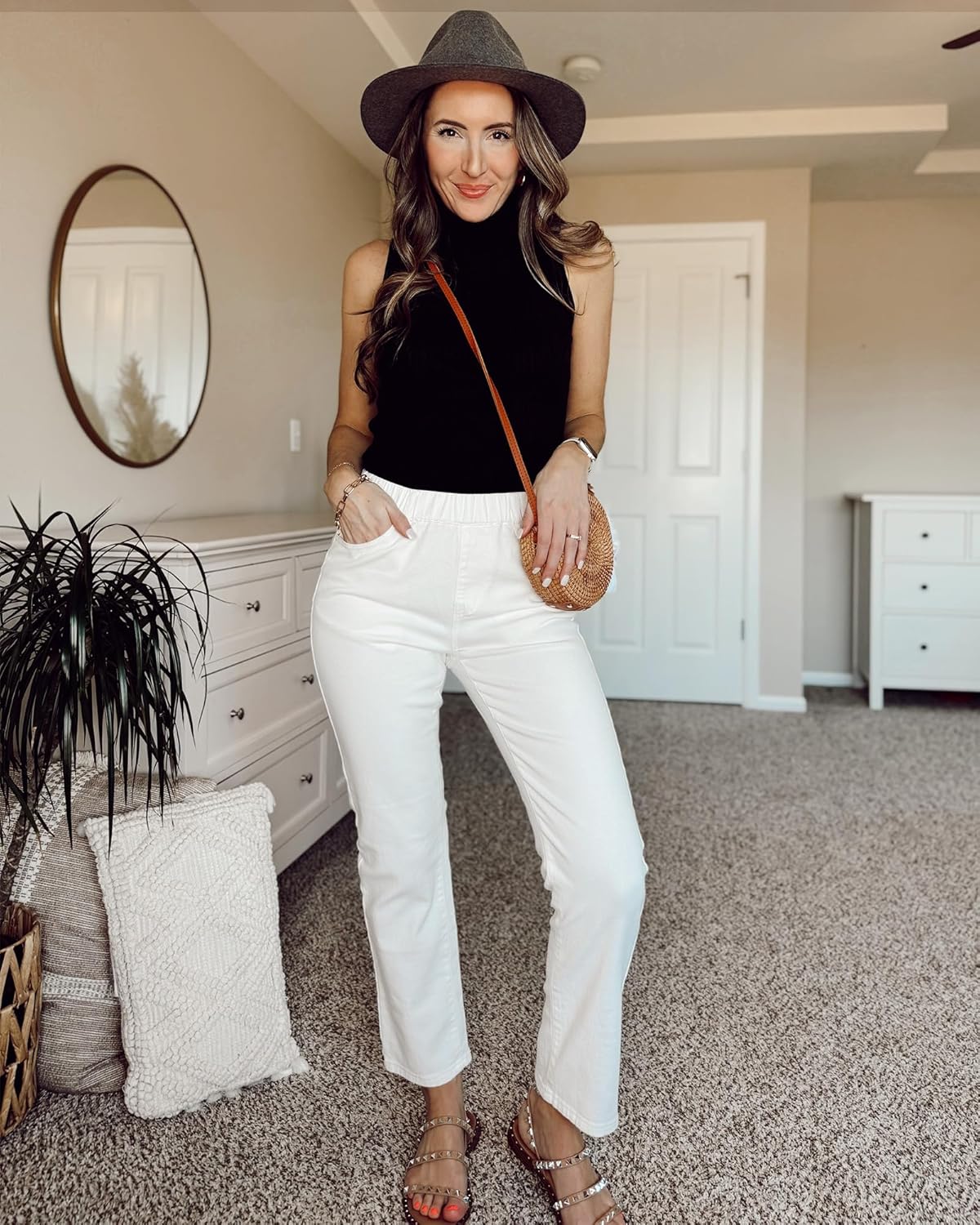 GRAPENT Straight Leg Jeans for Women Trendy Pull On High Waisted Cropped Elastic Waist Stretchy Denim Pants Ankle JeansCream White