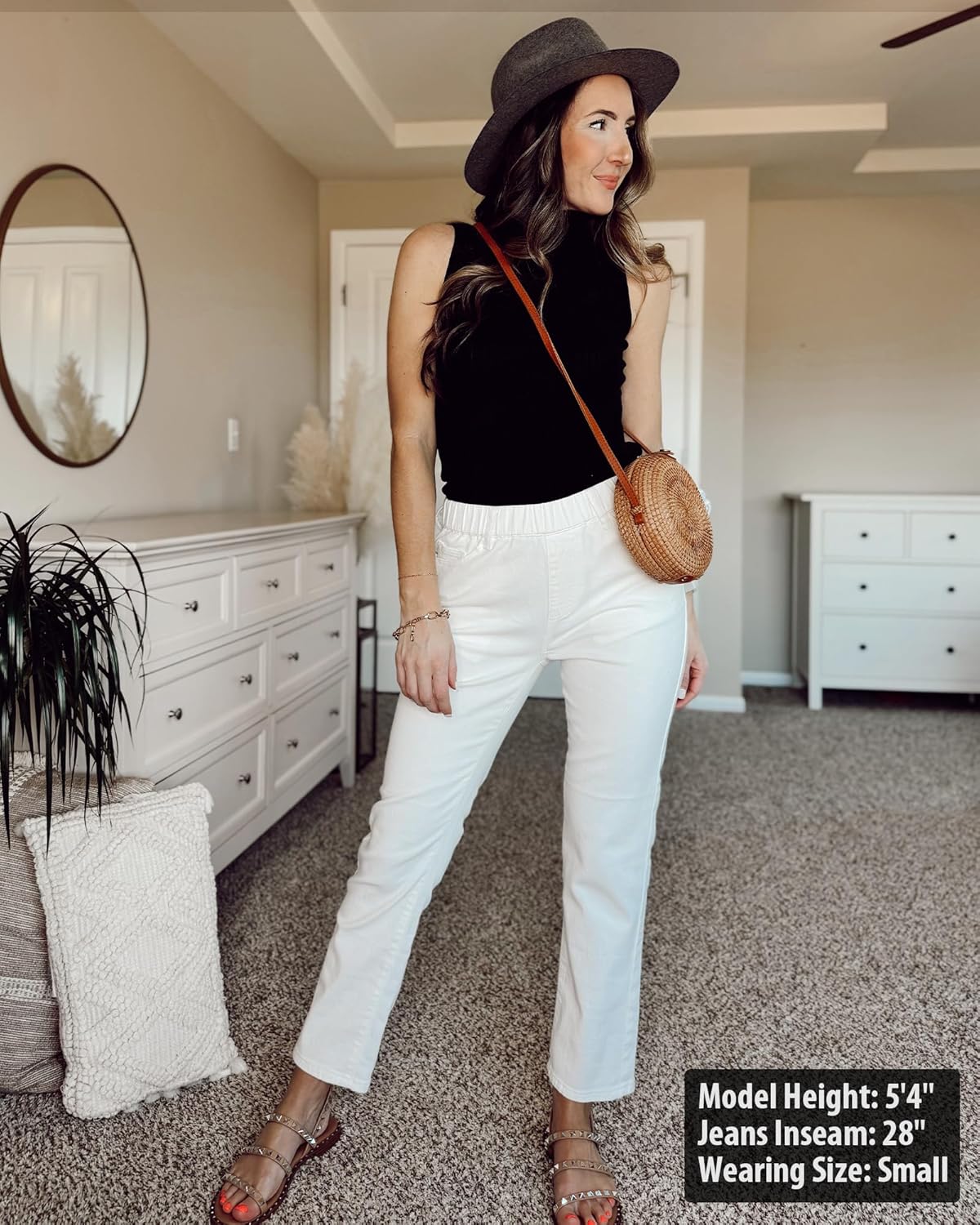 GRAPENT Straight Leg Jeans for Women Trendy Pull On High Waisted Cropped Elastic Waist Stretchy Denim Pants Ankle JeansCream White