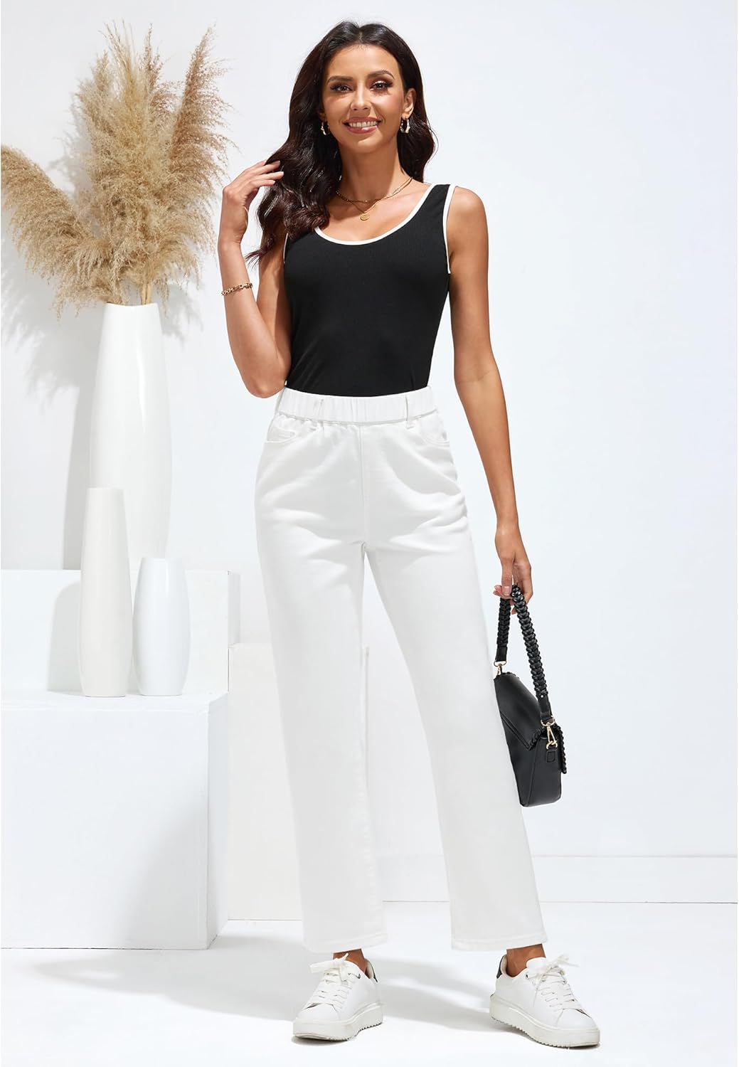 GRAPENT Straight Leg Jeans for Women Trendy Pull On High Waisted Cropped Elastic Waist Stretchy Denim Pants Ankle JeansCream White